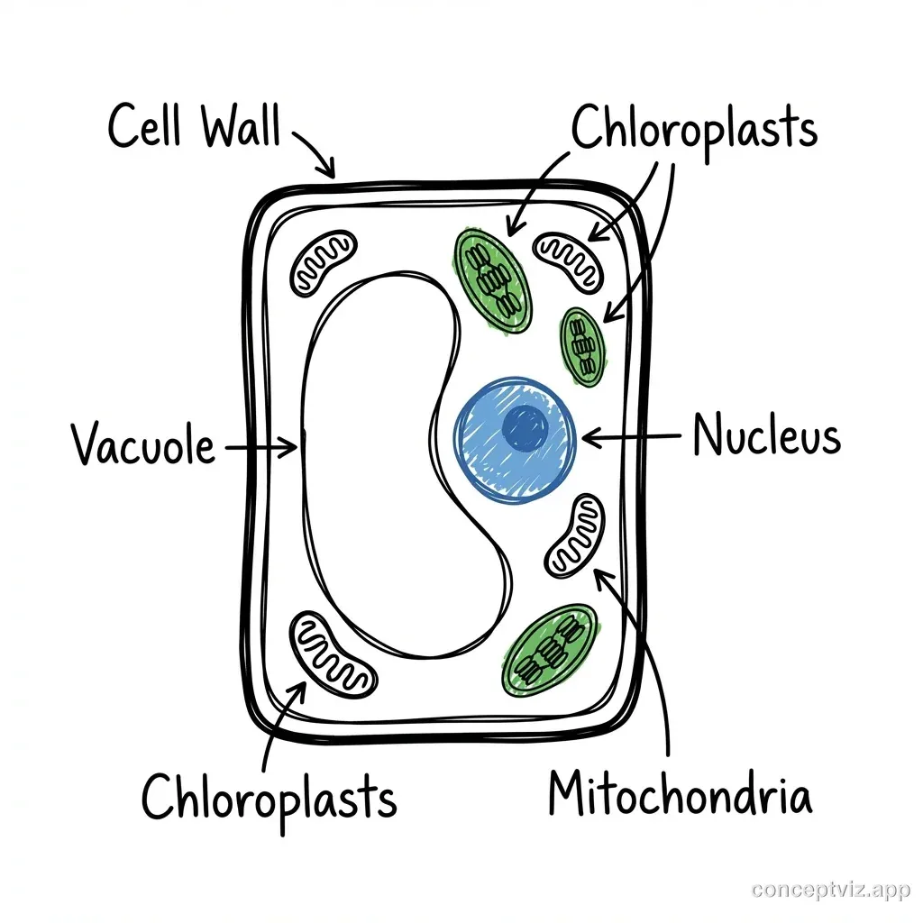 Hand-drawn style illustration of a cell with labeled organelles