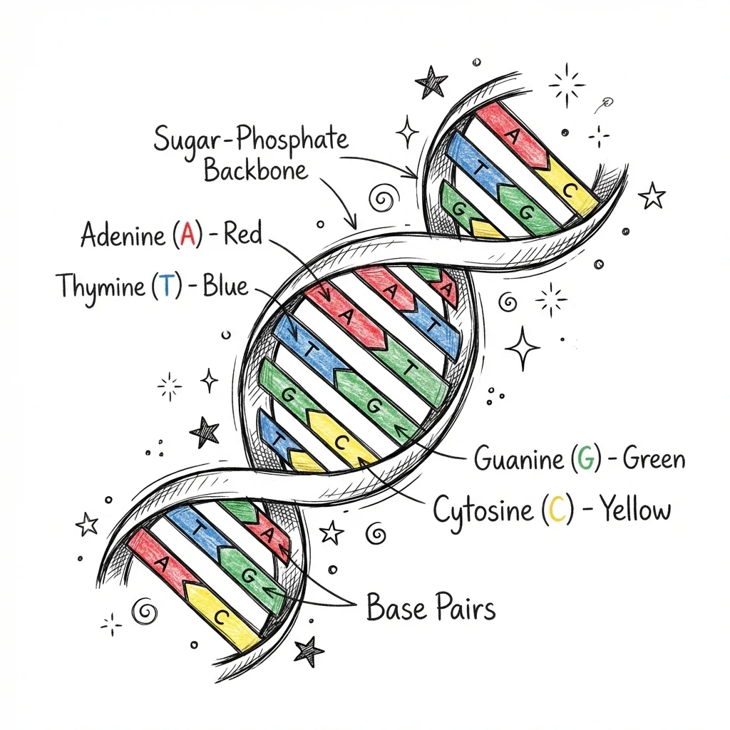 Hand-drawn style illustration of DNA double helix