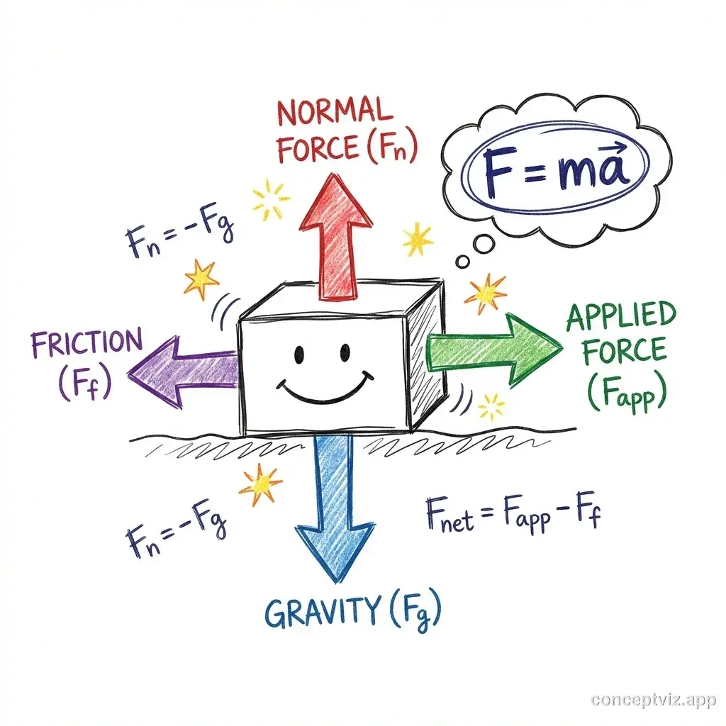 Hand-drawn style illustration of forces and motion