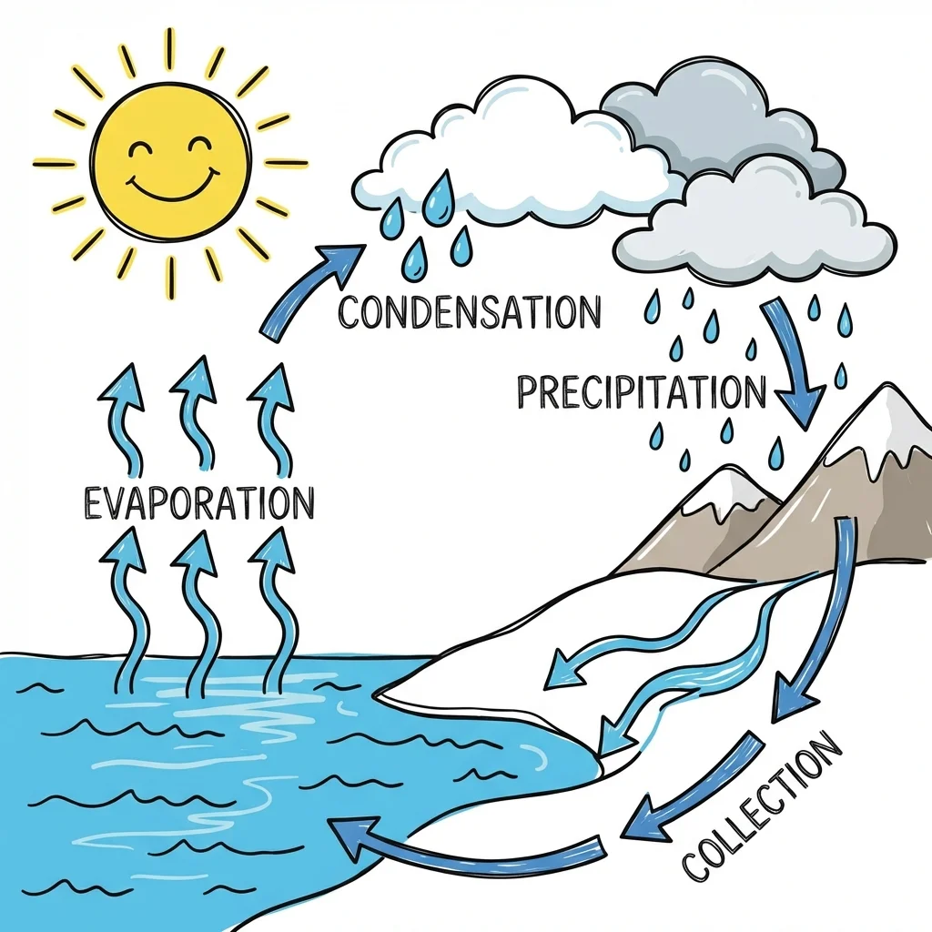 Hand-drawn style illustration of the water cycle