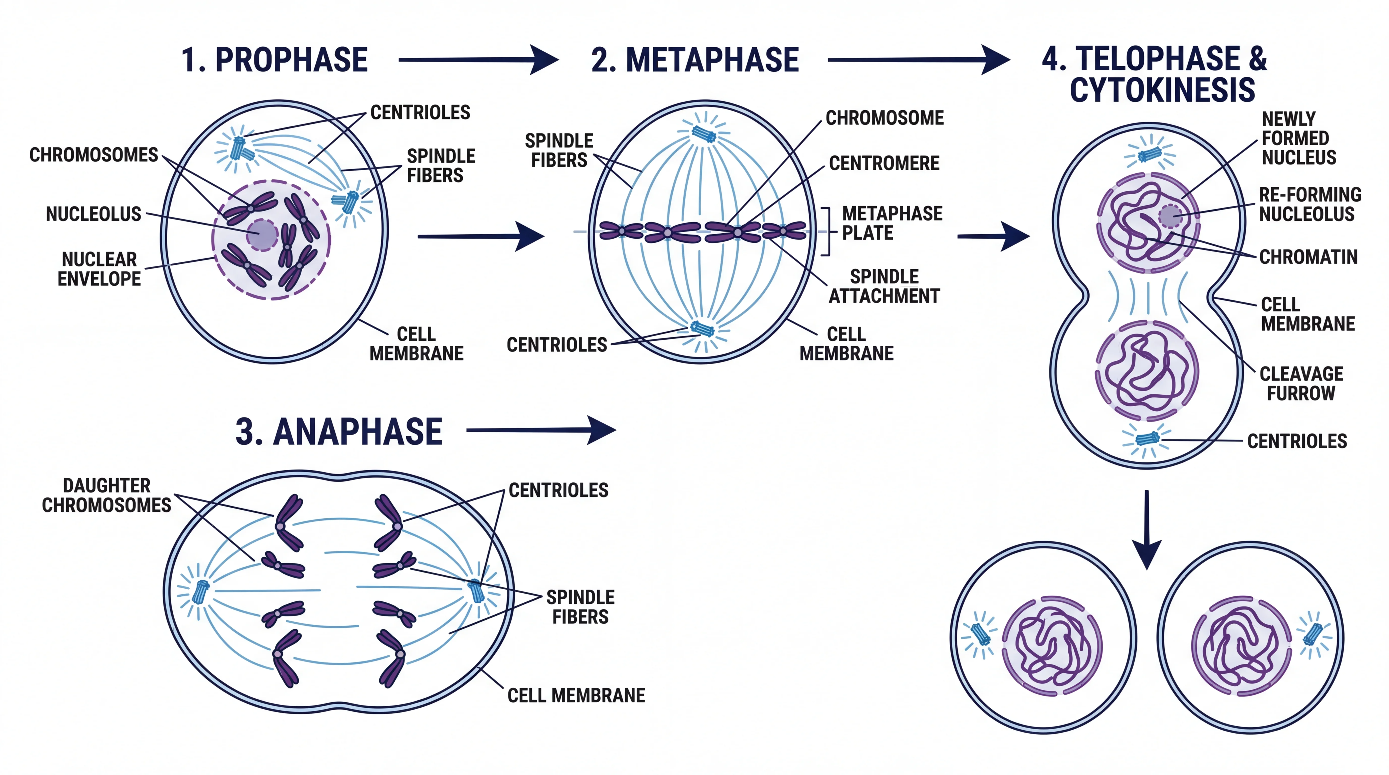 Scientific drawing of cell division stages showing prophase, metaphase, anaphase, and telophase with labeled structures.