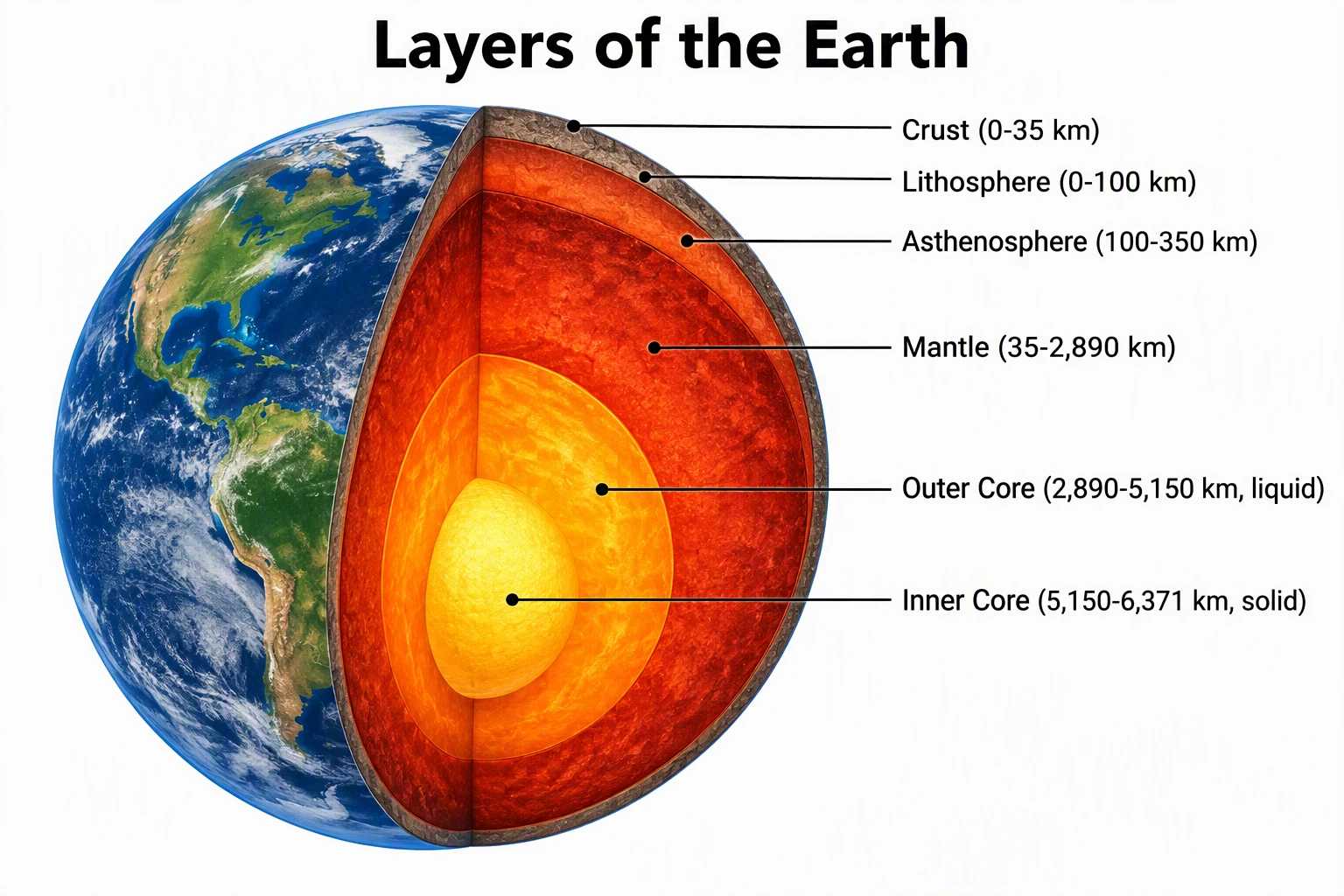 Earth science drawing of Earth internal structure showing labeled crust, mantle, outer core, and inner core with depth labels