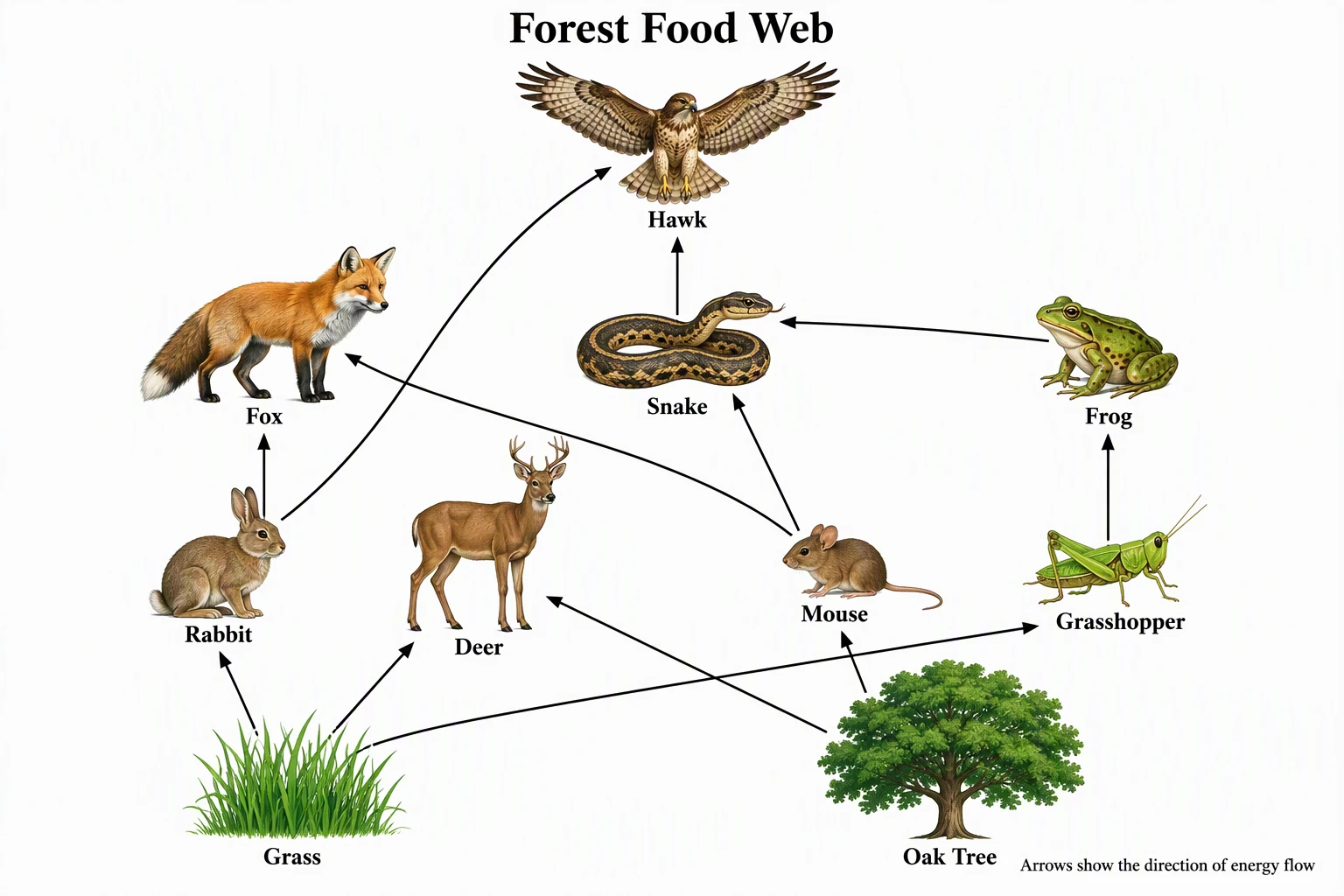 Science drawing of a forest ecosystem food web with labeled producers and consumers connected by energy-flow arrows
