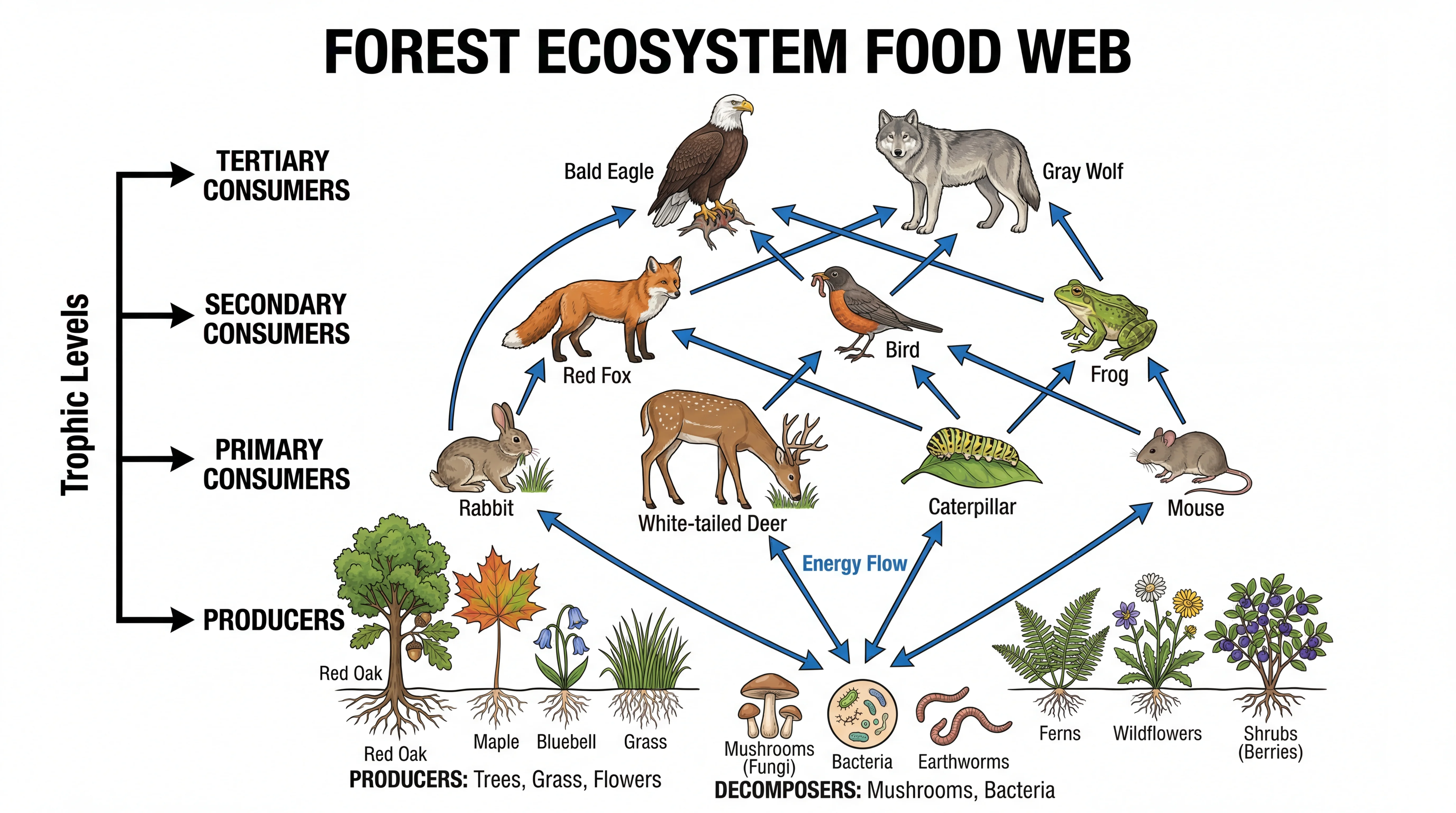 Scientific drawing of a forest ecosystem food web showing producers, consumers, and decomposers with energy flow arrows.