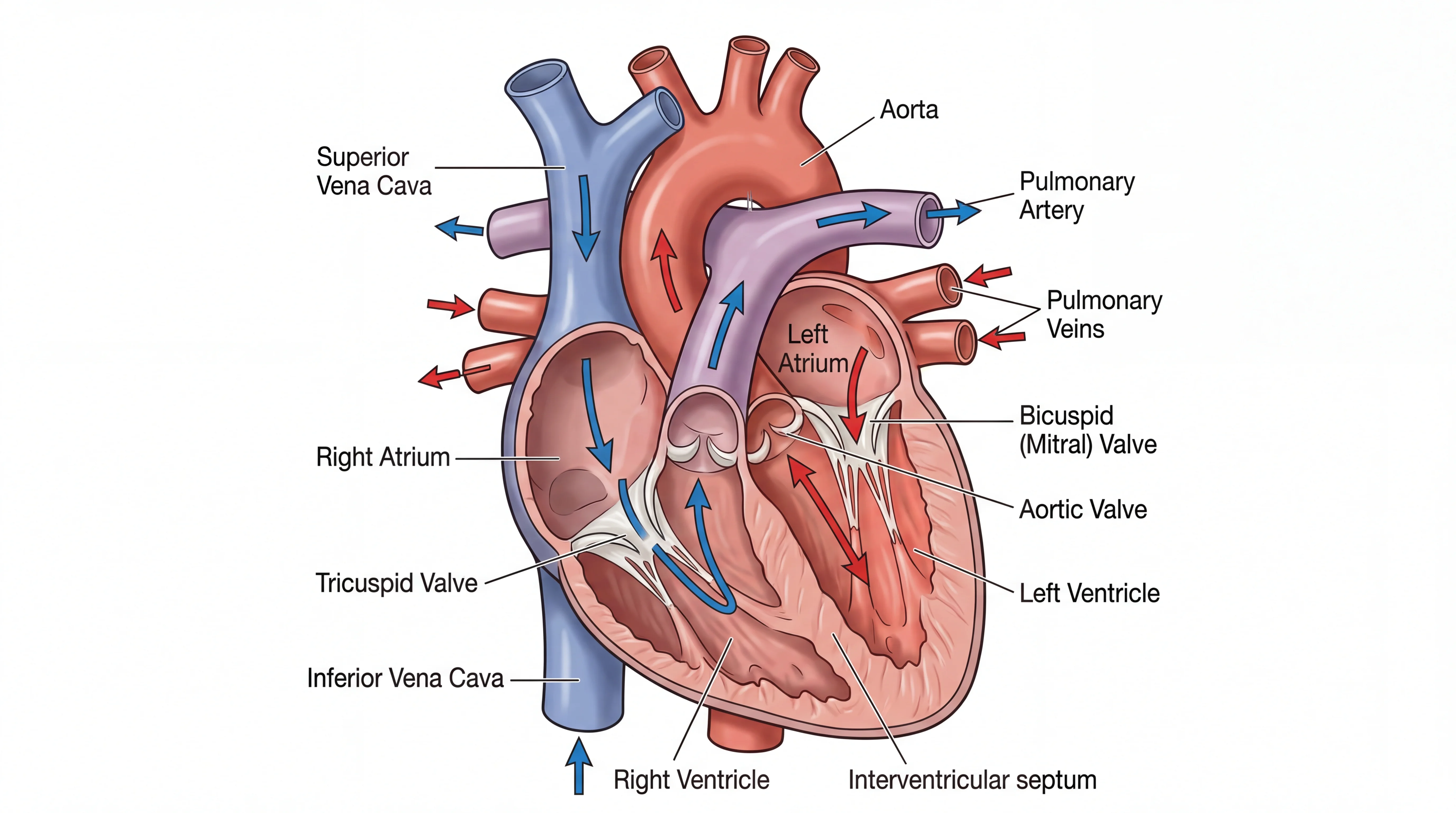 Detailed anatomical drawing of the human heart showing chambers, valves, and blood vessel connections with labels.