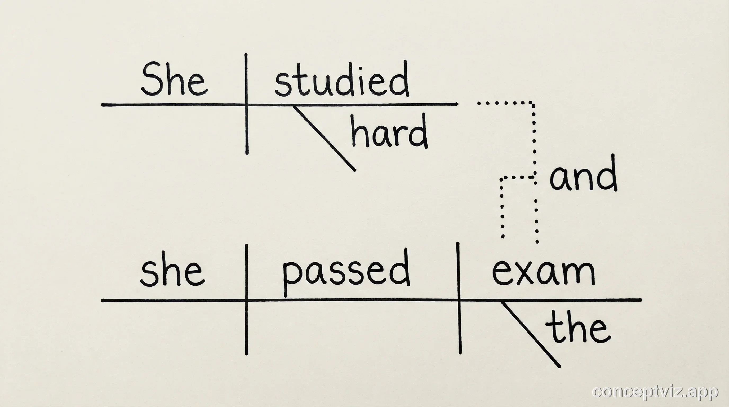 Reed-Kellogg diagram of a compound sentence with two independent clauses connected by a conjunction.