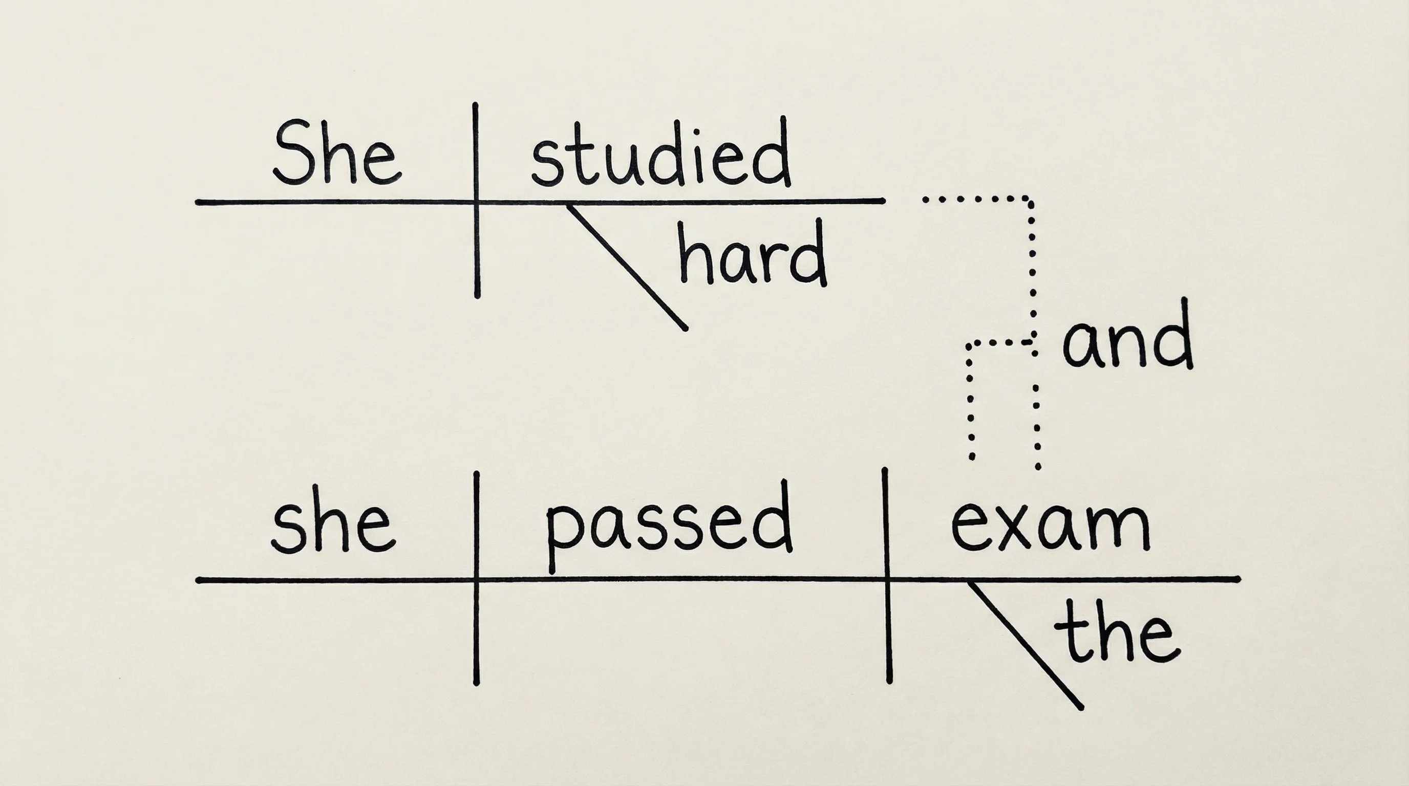 Reed-Kellogg diagram of a compound sentence with two independent clauses connected by a conjunction.