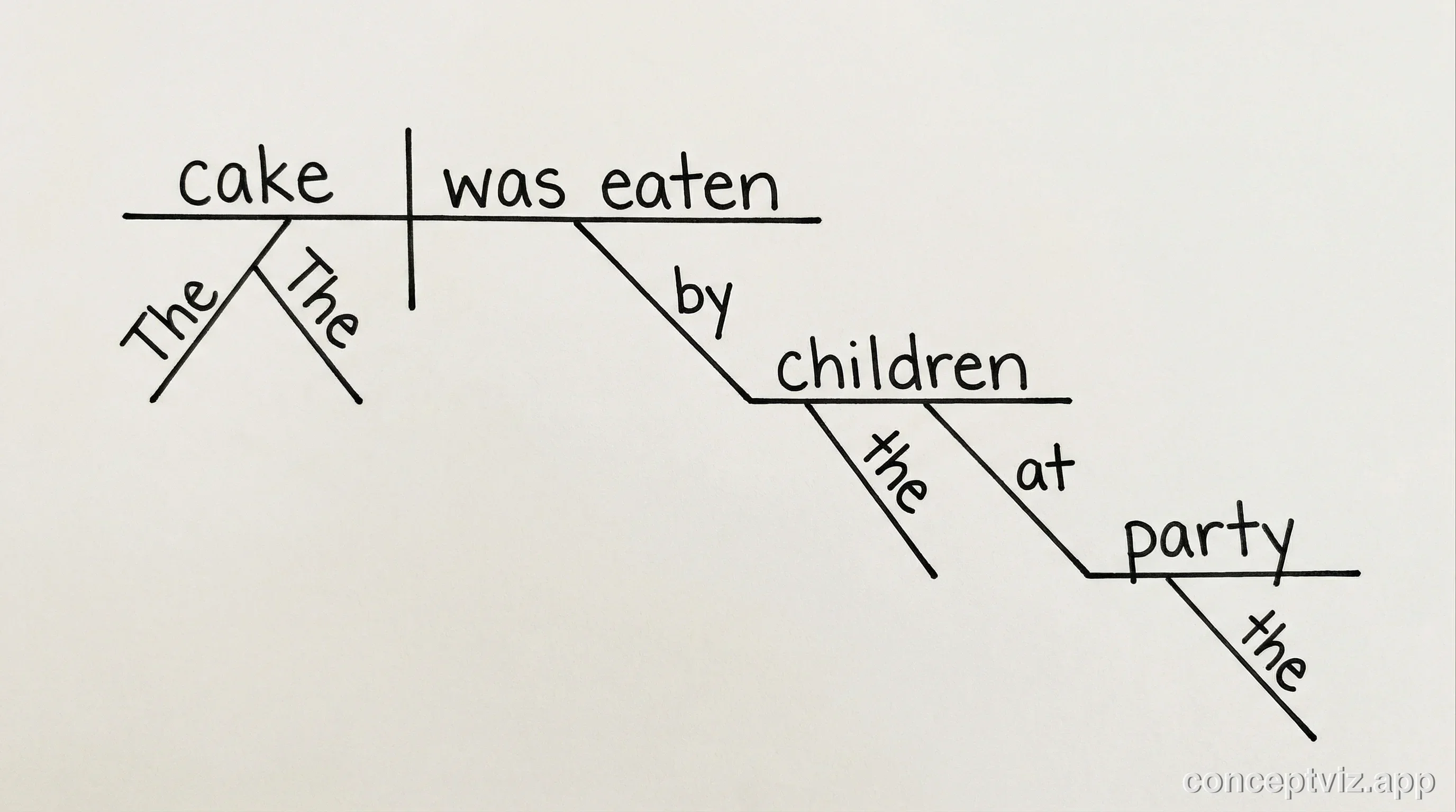 Reed-Kellogg diagram of a passive voice sentence showing the helping verb and agent phrase.