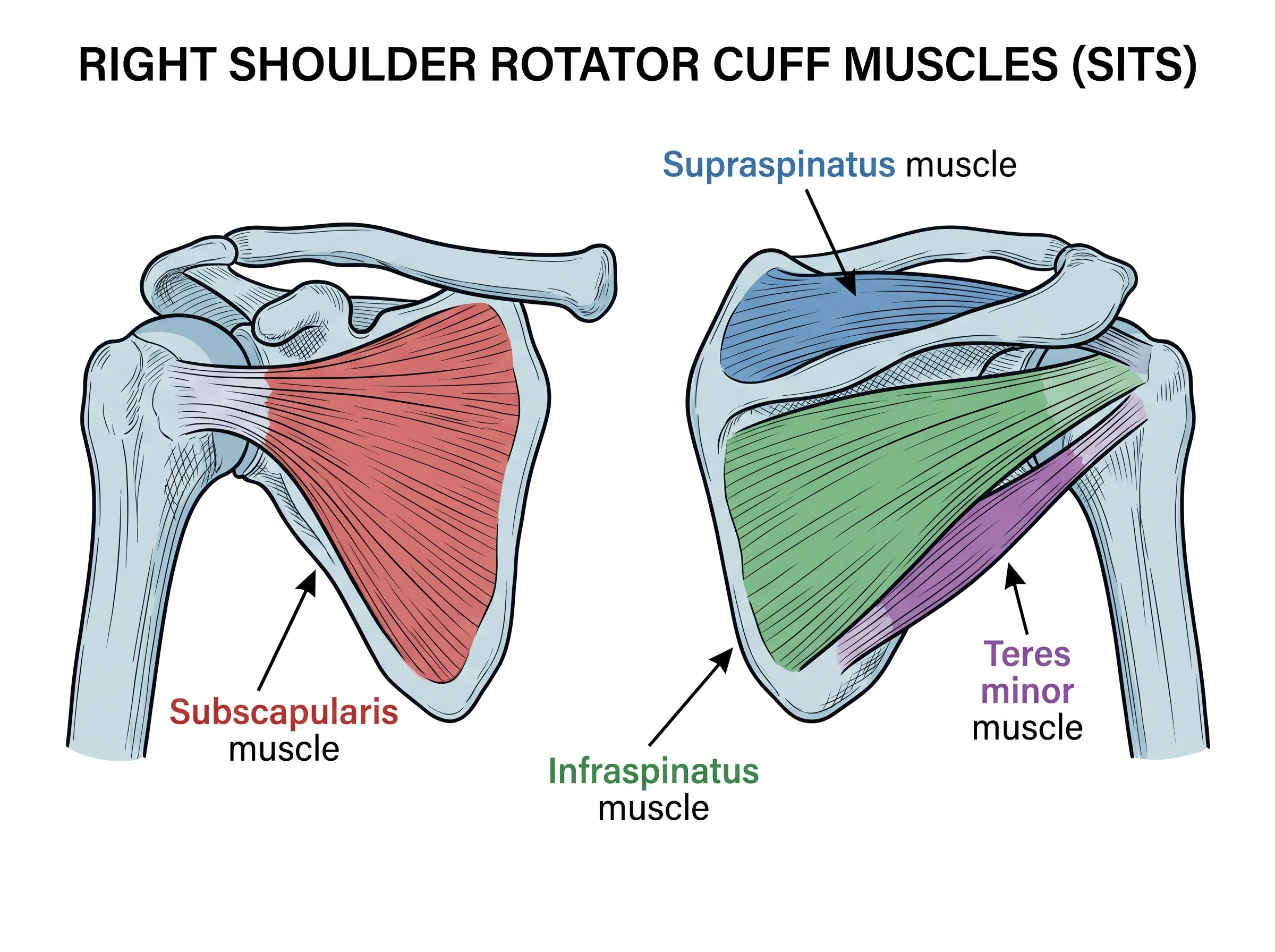 Diagram of the four rotator cuff muscles of the right shoulder: supraspinatus, infraspinatus, teres minor, and subscapularis