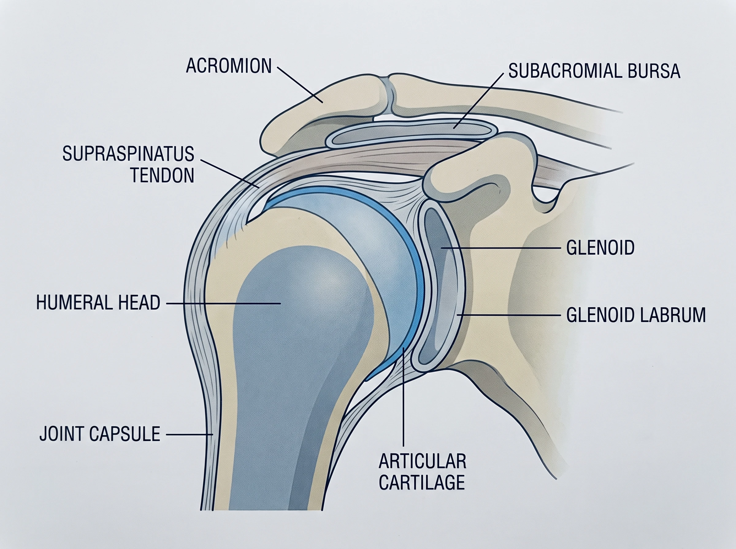 Cross-section of the shoulder joint showing the humeral head, glenoid, glenoid labrum, joint capsule, subacromial bursa, and supraspinatus tendon
