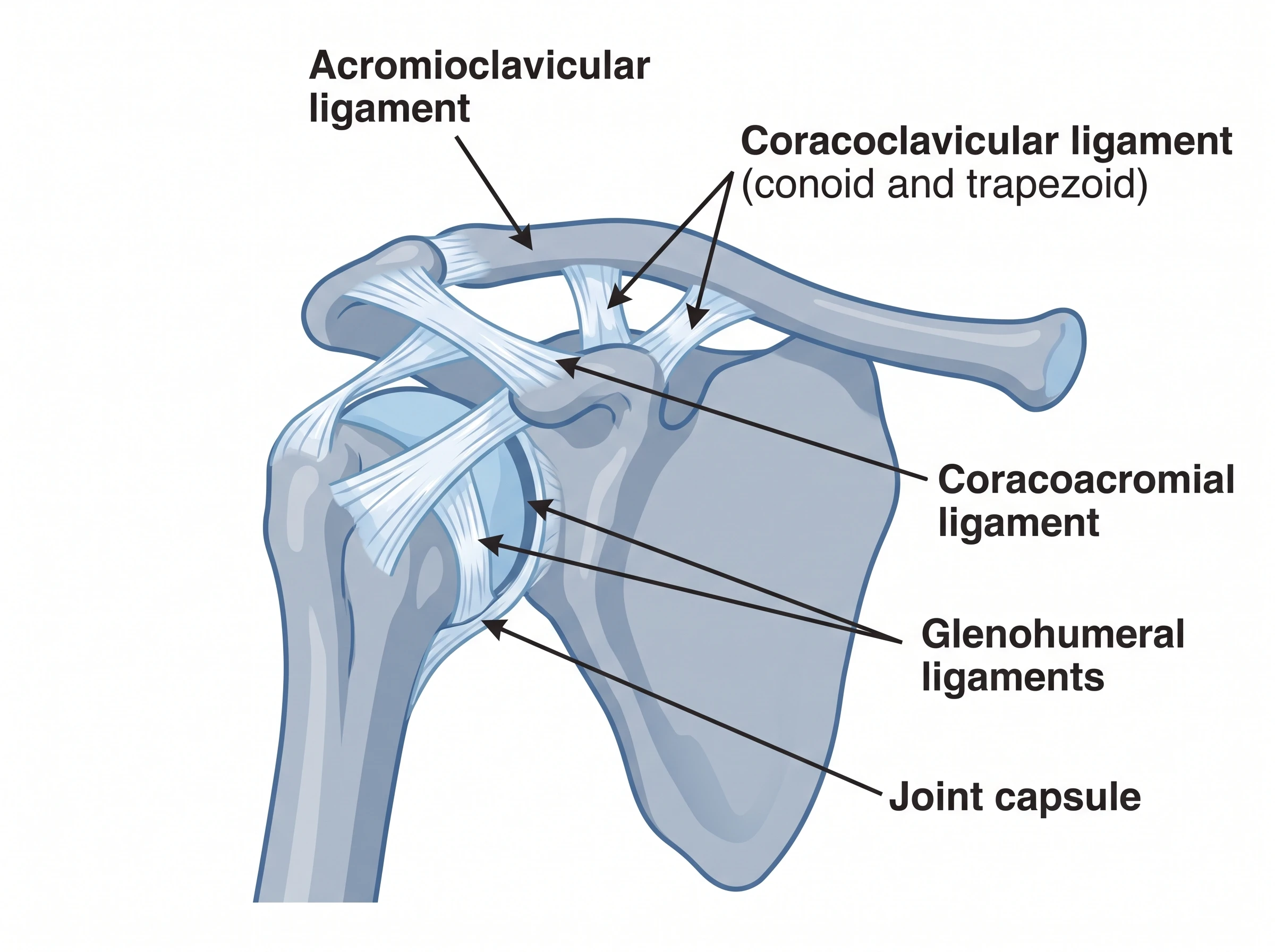 Diagram of the shoulder ligaments: acromioclavicular, coracoclavicular, coracoacromial, glenohumeral ligaments and joint capsule