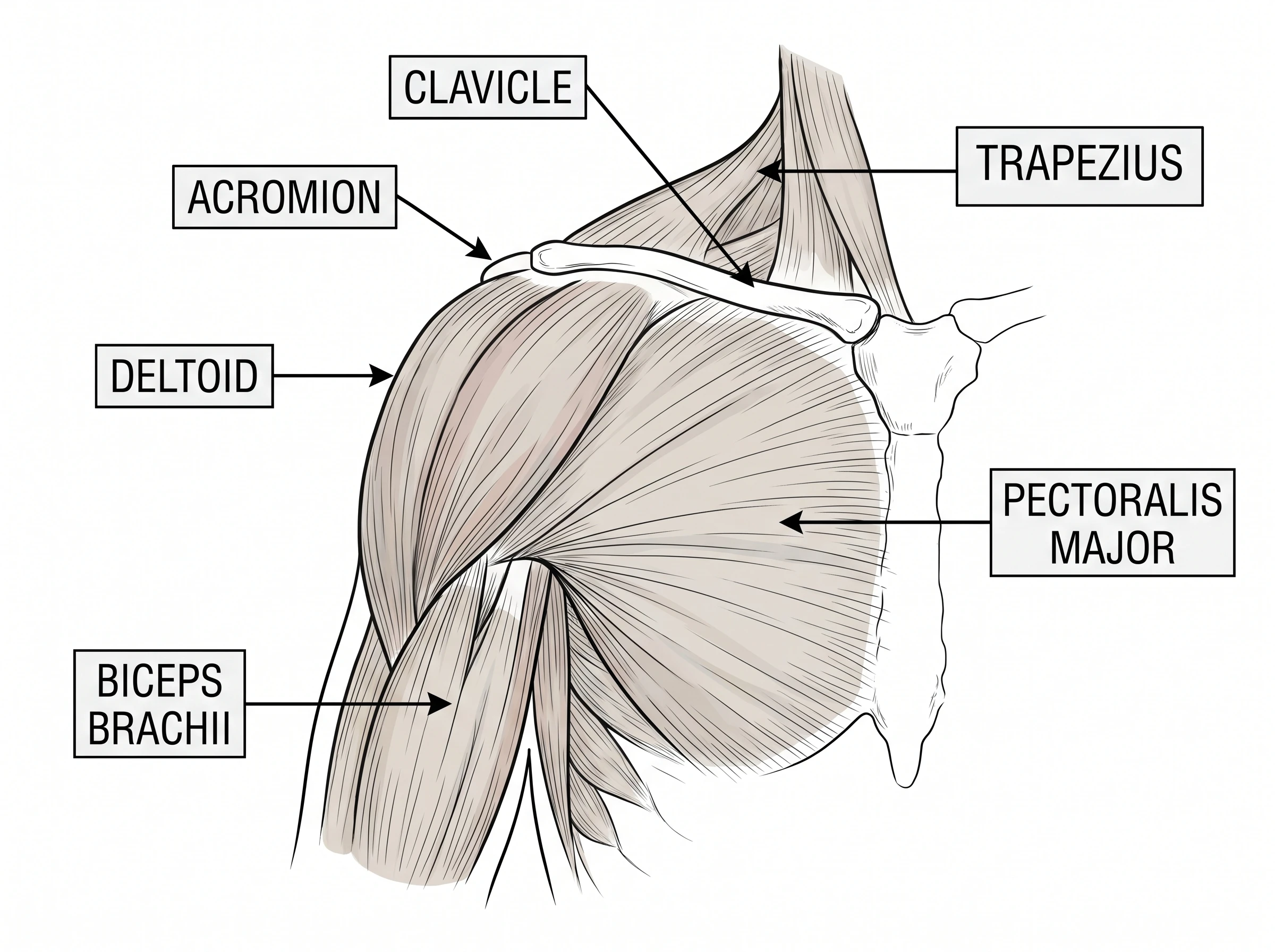 Diagram of the superficial muscles around the shoulder: deltoid, pectoralis major, trapezius, and biceps brachii