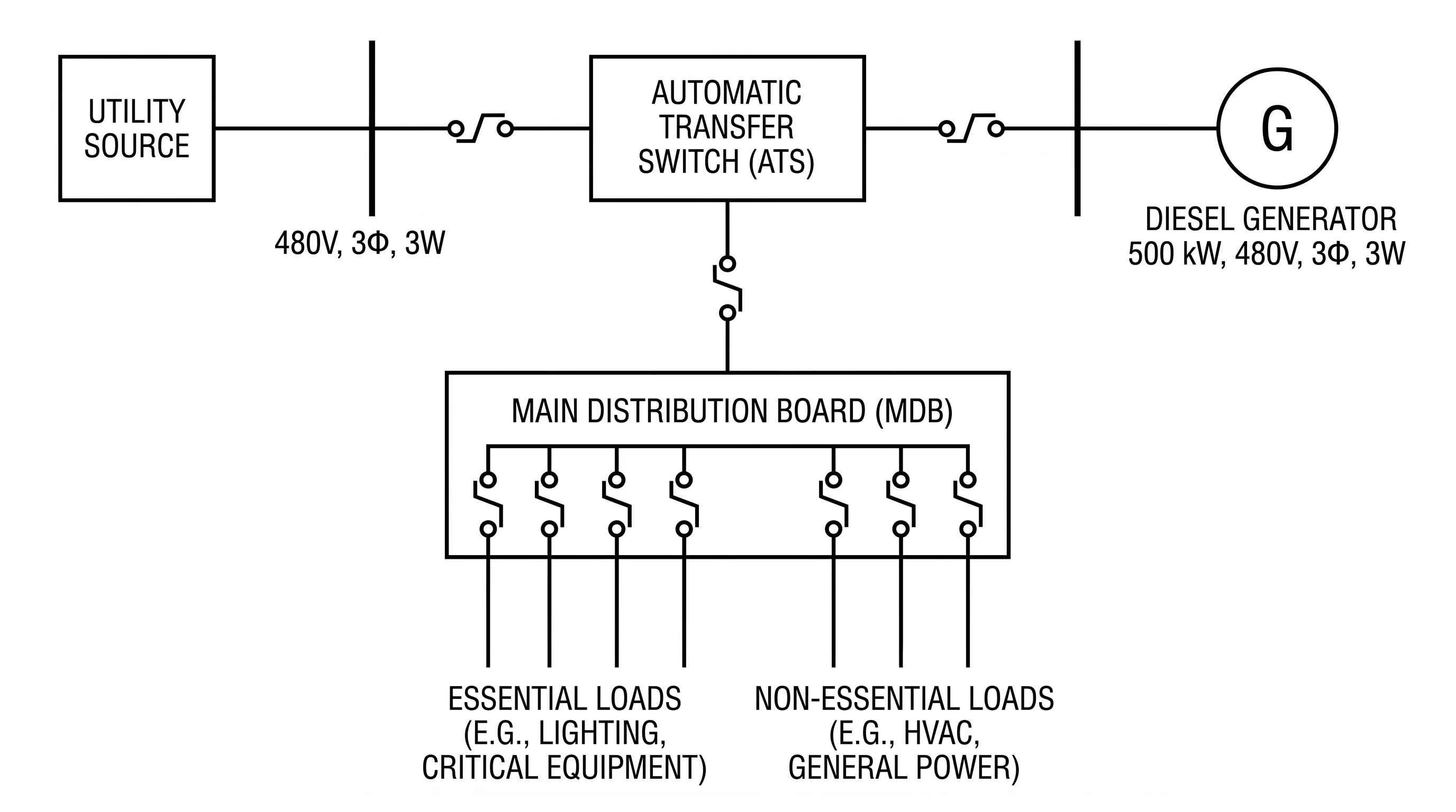 Single-line diagram of a diesel generator and utility source feeding an automatic transfer switch then a main distribution board