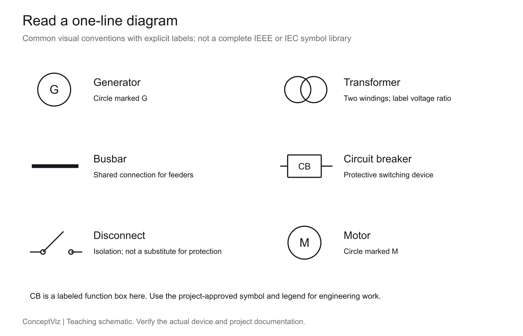 Precisely drawn labeled generator, transformer, bus, breaker function box, disconnect and motor conventions for reading a single-line diagram