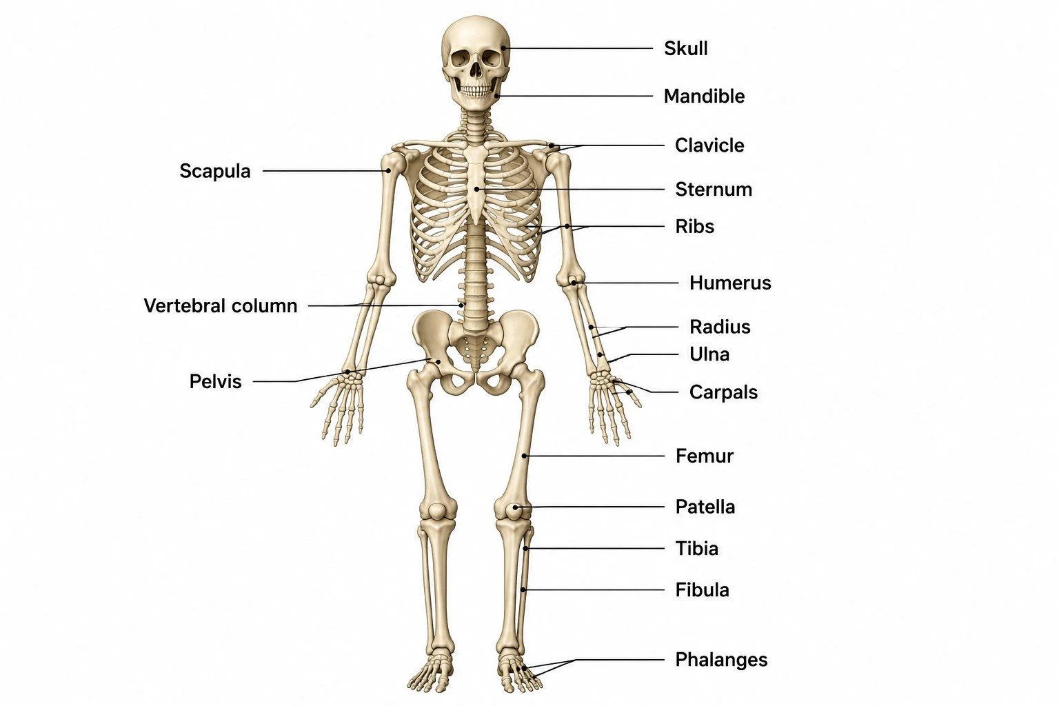 Labeled full human skeleton diagram in anterior view showing all major bones including skull, spine, ribs, pelvis, and limb bones