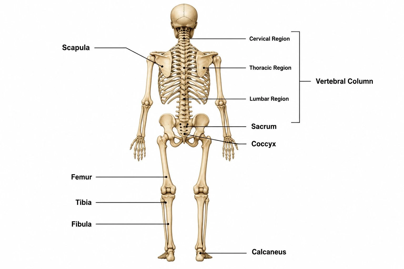 Labeled posterior view of the human skeleton highlighting the scapula, vertebral column, sacrum, and posterior leg bones