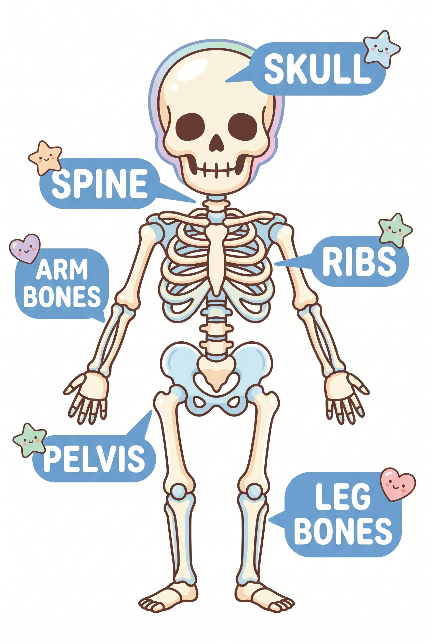 Simple and colorful labeled skeleton diagram for children showing the skull, ribs, spine, arms, and legs with large easy-to-read labels