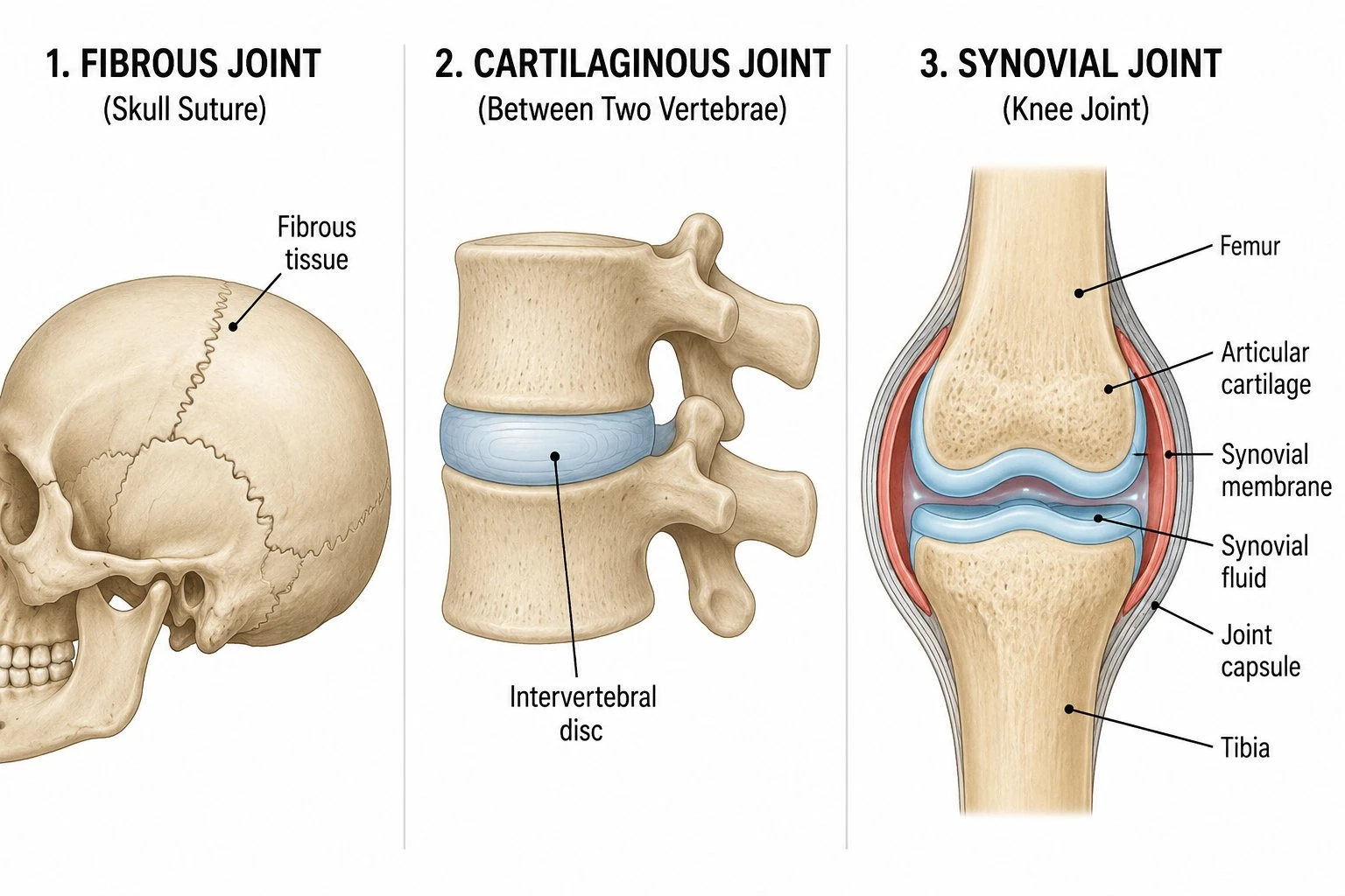 Diagram comparing fibrous, cartilaginous, and synovial joints with labeled examples from the human skeleton