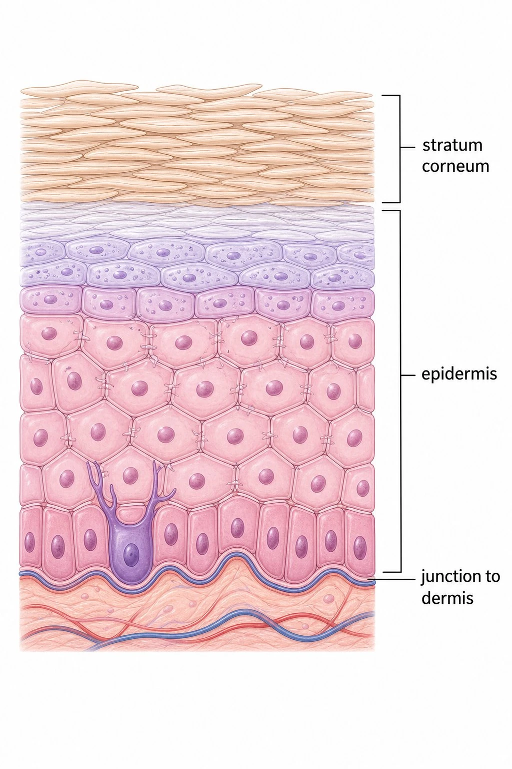 Close-up educational diagram of the epidermis with stratum corneum labeled above the dermis