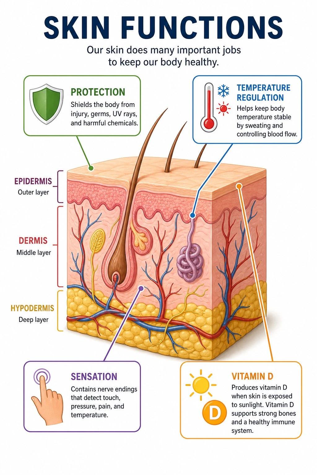 Classroom poster linking a skin cross-section to protection, temperature regulation, sensation, and vitamin D