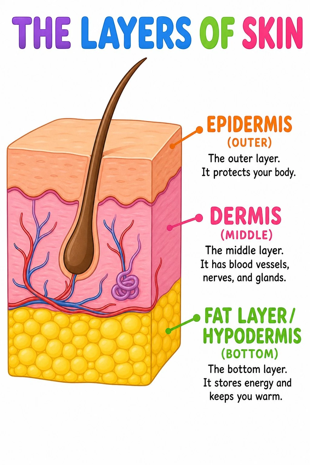 Simple cartoon skin layers diagram for elementary students with large labels for epidermis, dermis, and fat layer