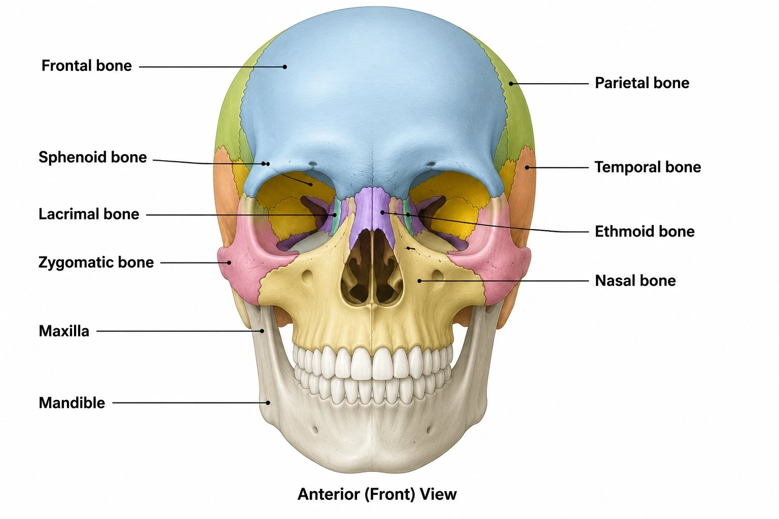 Labeled anterior view of the human skull showing frontal, parietal, temporal, sphenoid, ethmoid, zygomatic, maxilla, mandible, nasal, and lacrimal bones