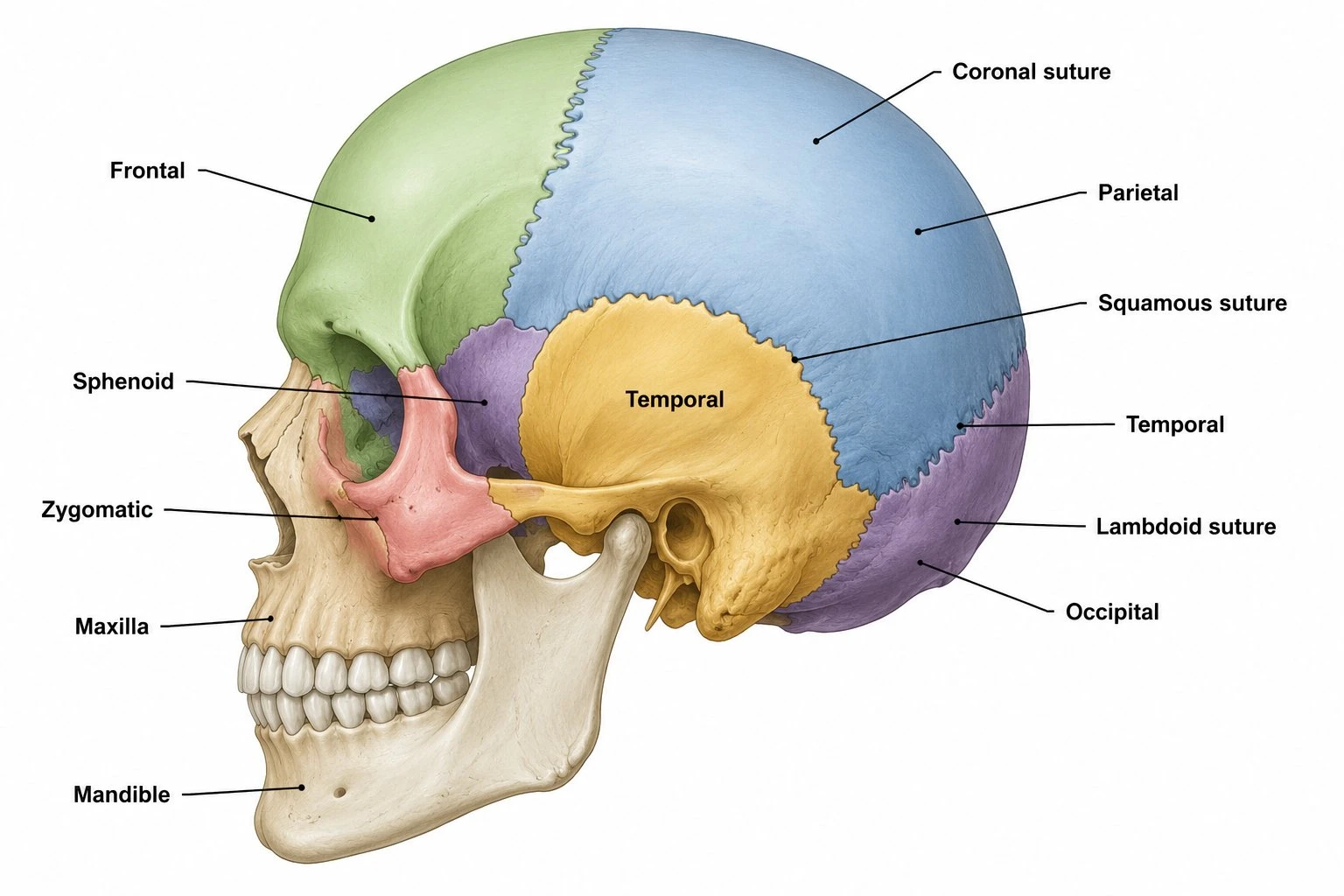 Labeled lateral view of the human skull showing frontal, parietal, temporal, occipital, sphenoid, zygomatic, maxilla, and mandible bones with sutures