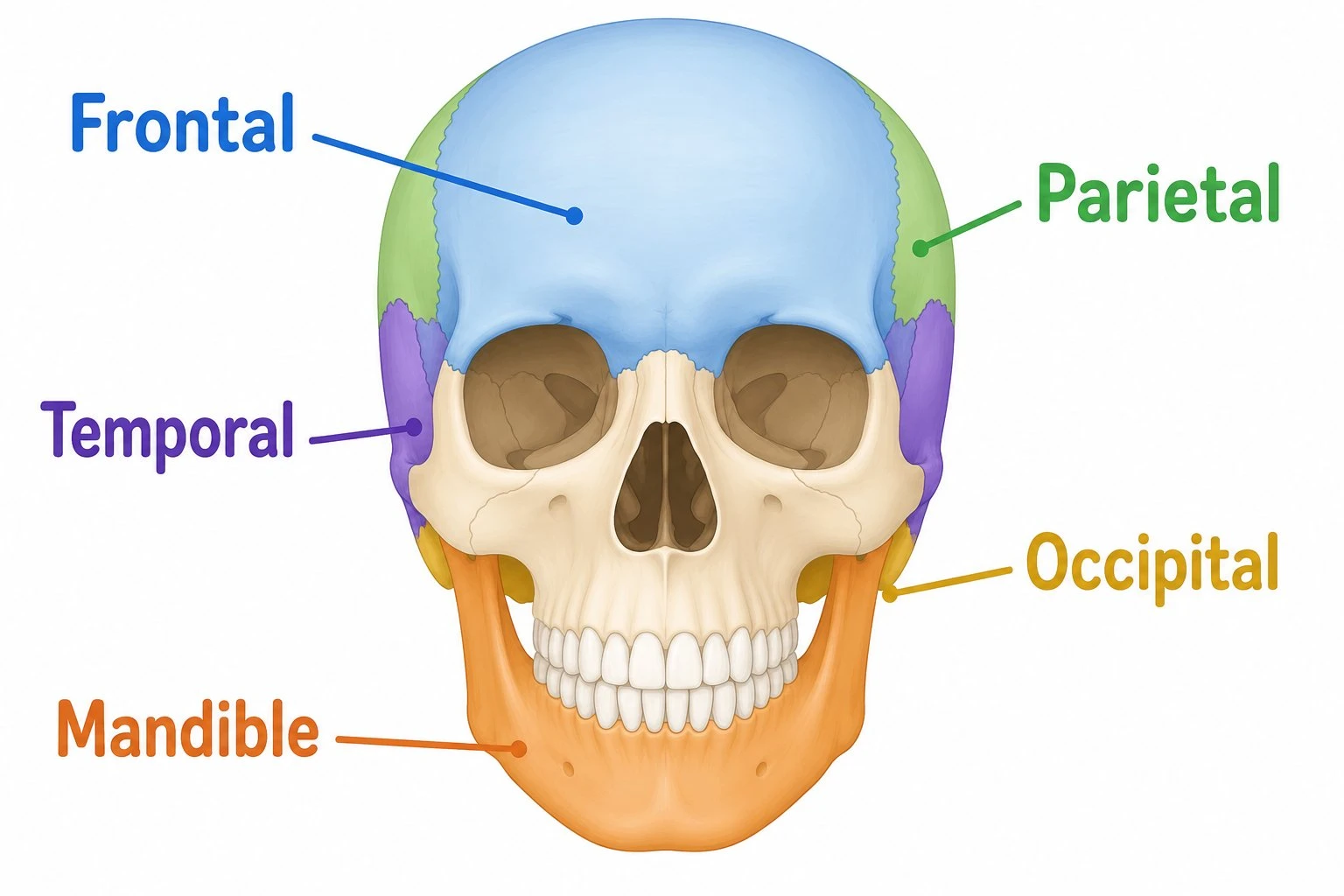 Simple, colorful skull diagram for younger students labeling the frontal, parietal, temporal, occipital, and mandible bones with large easy-to-read text