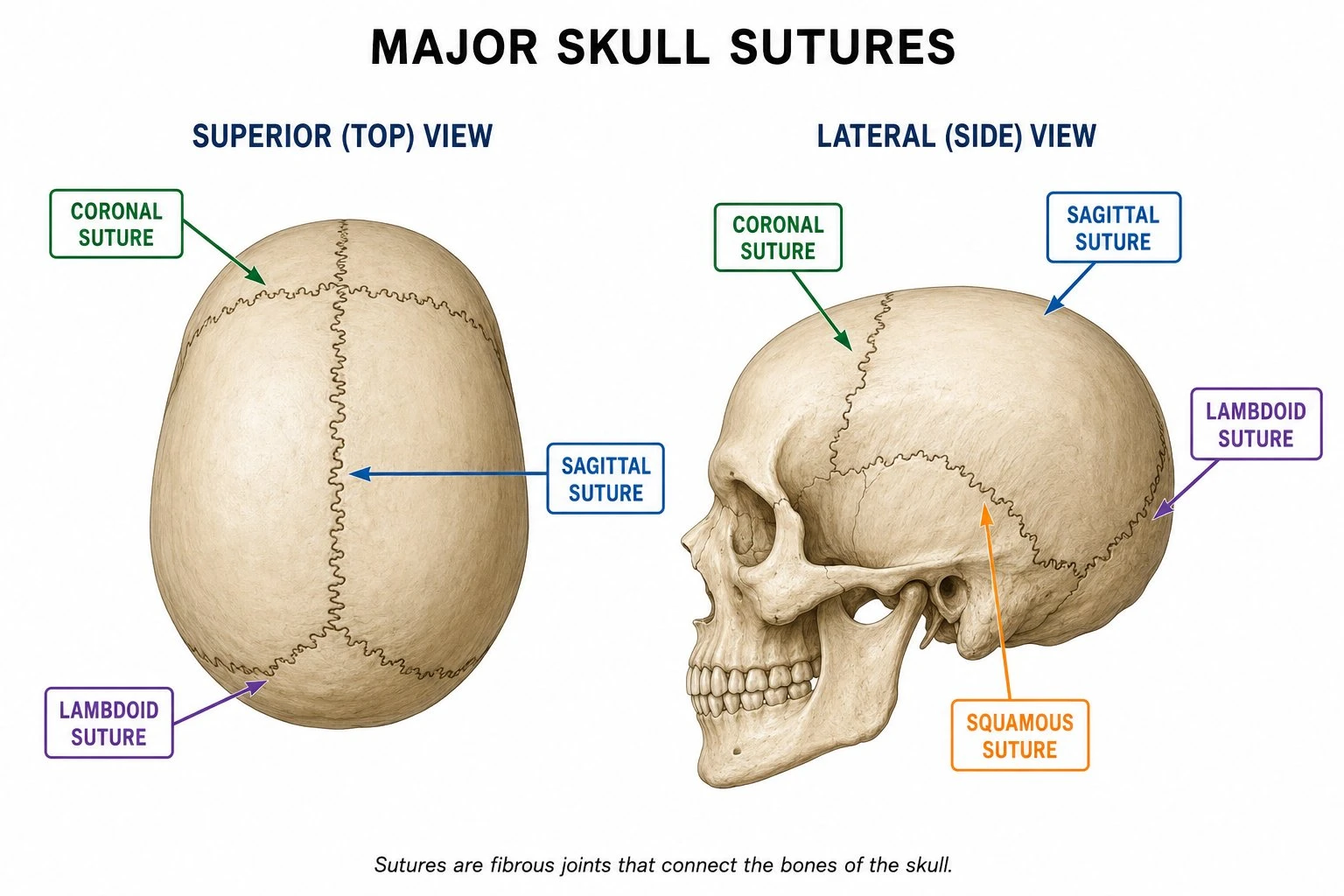 Labeled diagram of the major skull sutures — coronal, sagittal, lambdoid, and squamous — shown in superior and lateral views