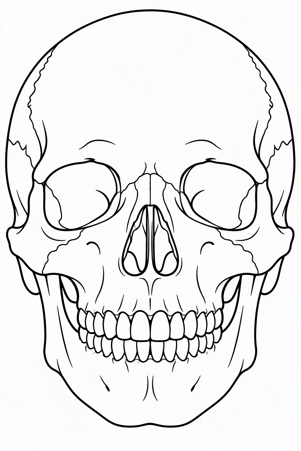 Black-and-white anterior skull coloring page, outline front view with no text
