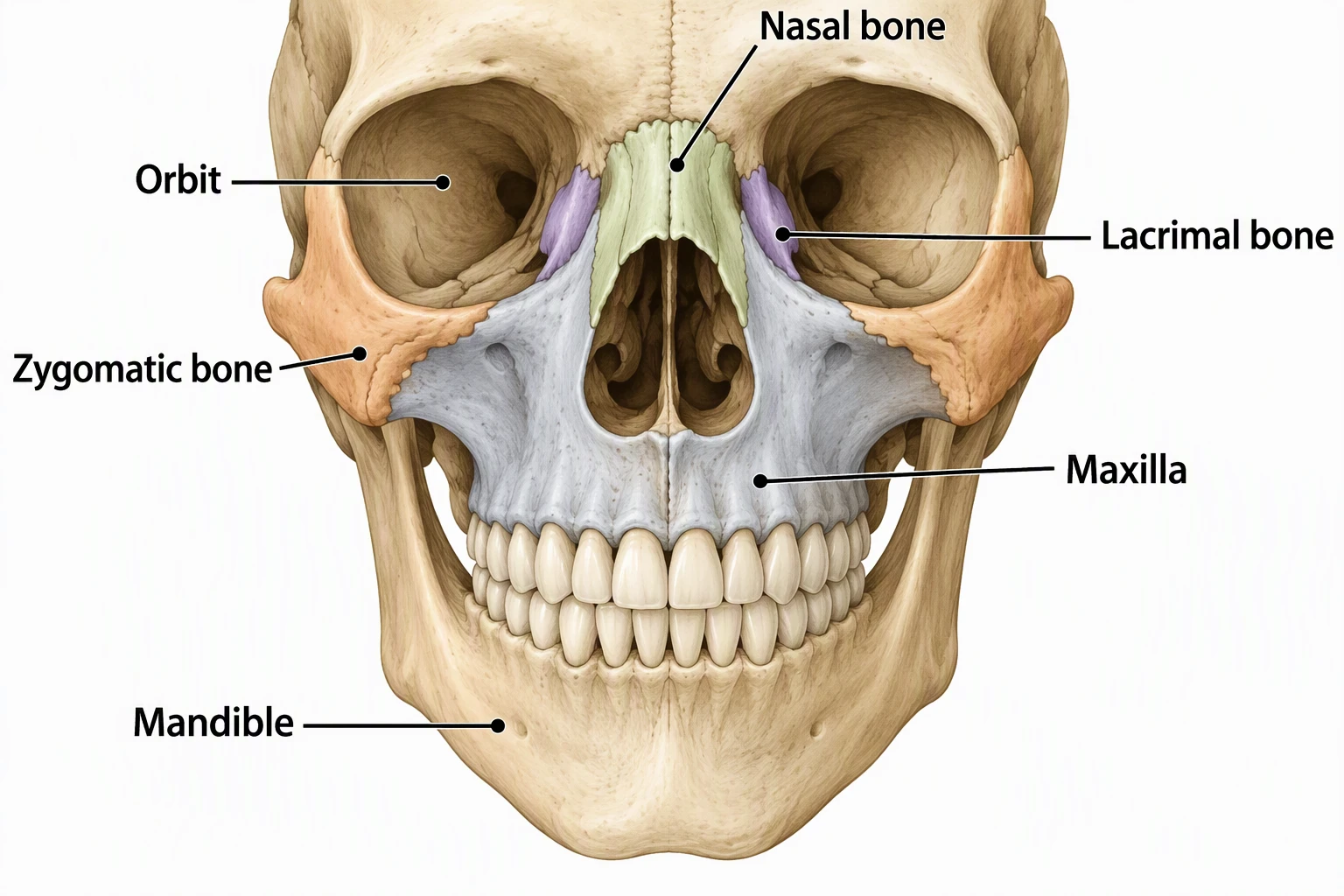 Facial bones close-up labeled Orbit, Nasal bone, Lacrimal bone, Zygomatic bone, Maxilla, and Mandible