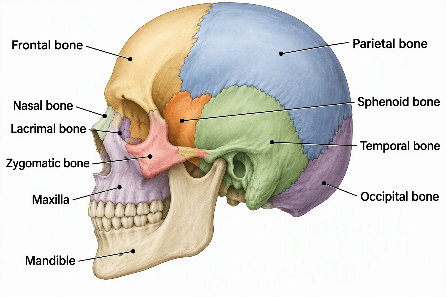 Labeled human skull lateral view showing Frontal bone, Parietal bone, Sphenoid bone, Temporal bone, Occipital bone, Nasal bone, Lacrimal bone, Zygomatic bone, Maxilla, and Mandible