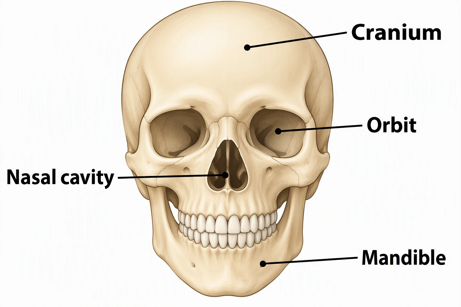 Simple skull diagram labeled Cranium, Orbit, Nasal cavity, and Mandible