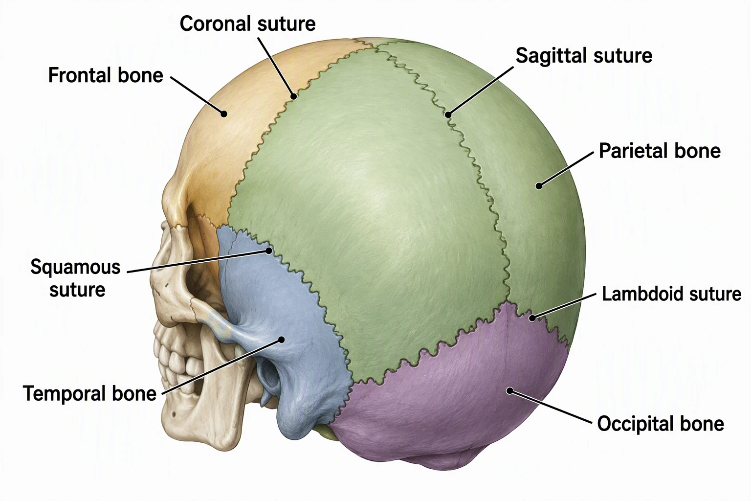 Skull sutures diagram labeled Coronal suture, Sagittal suture, Lambdoid suture, Squamous suture, Frontal bone, Parietal bone, Temporal bone, and Occipital bone