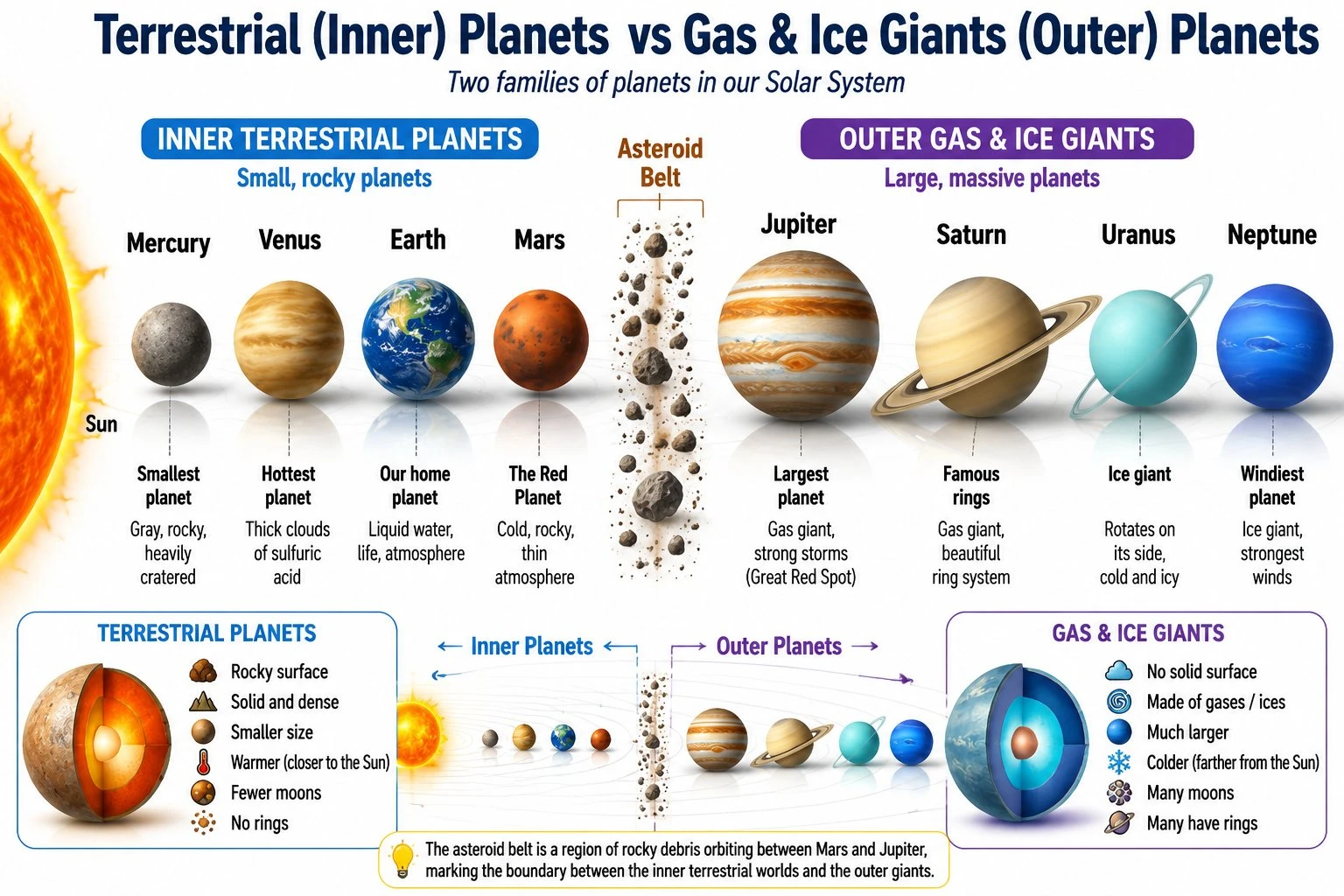 Comparison diagram showing inner terrestrial planets (Mercury, Venus, Earth, Mars) versus outer gas and ice giant planets (Jupiter, Saturn, Uranus, Neptune), with the asteroid belt between them