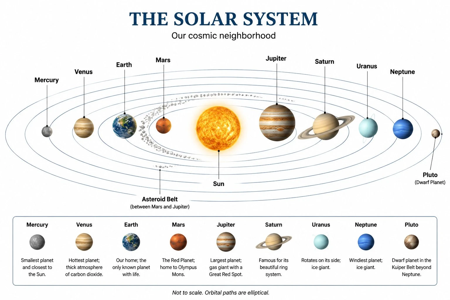Labeled diagram of the solar system showing the Sun at the center with all eight planets in order — Mercury, Venus, Earth, Mars, Jupiter, Saturn, Uranus, Neptune — their elliptical orbits, the asteroid belt, and Pluto as a dwarf planet