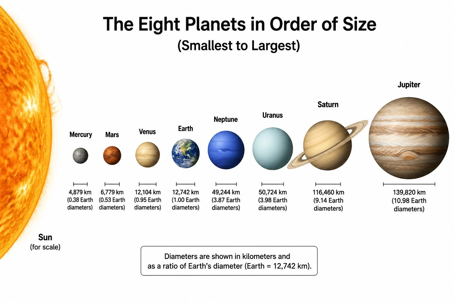 Planet size comparison diagram showing all eight planets lined up from smallest (Mercury) to largest (Jupiter) next to the Sun, with relative diameter labels