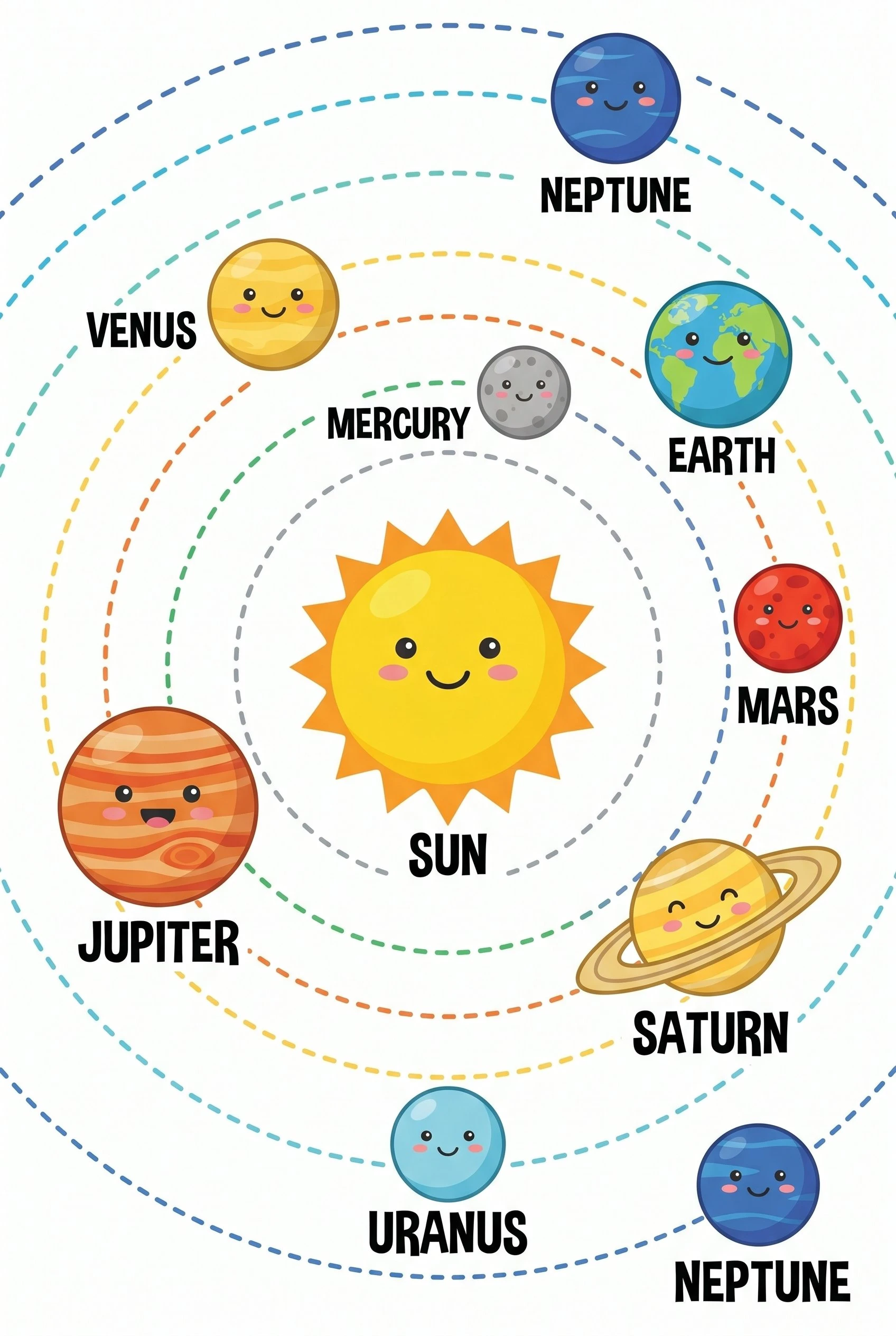 Simple colorful solar system diagram for younger students showing the Sun and eight planets labeled with their names on a white background