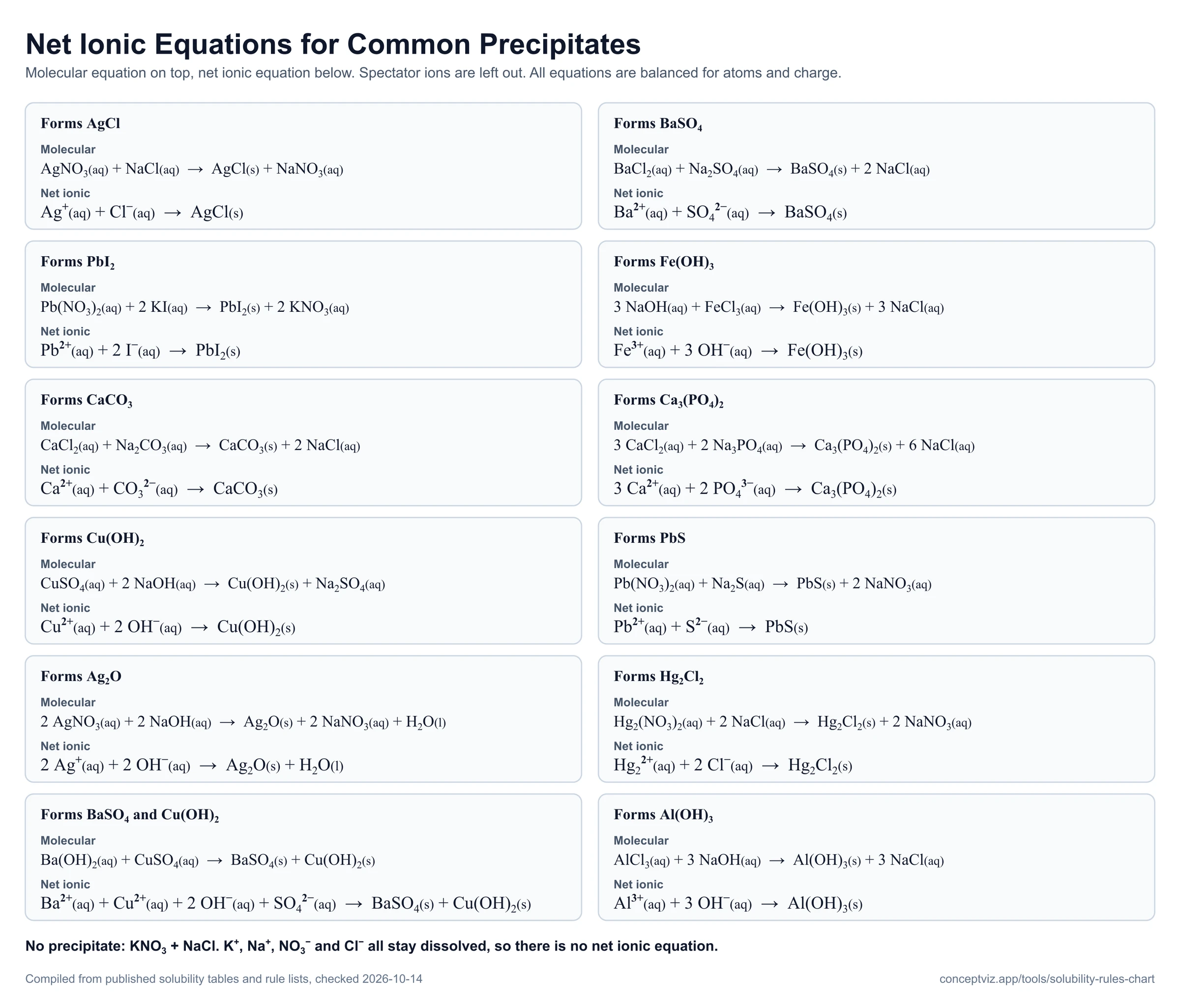 Twelve balanced net ionic equations for common precipitates such as AgCl, BaSO4, PbI2 and Fe(OH)3, each with its molecular equation