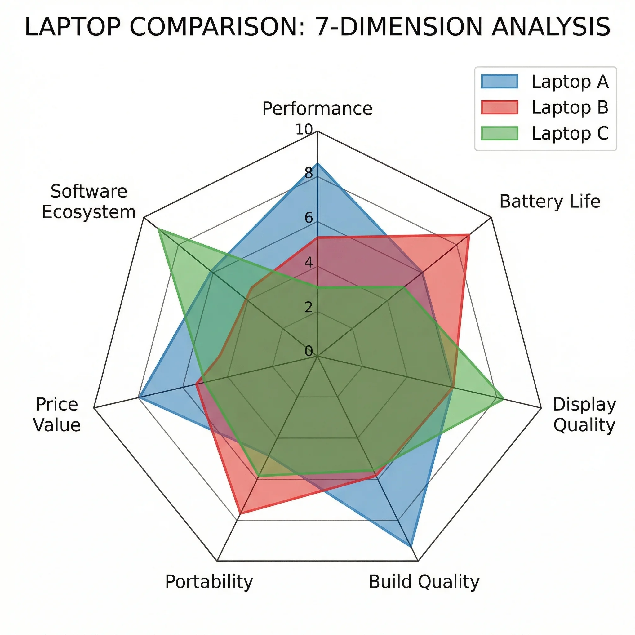 Spider chart comparing three laptops across seven dimensions including performance, battery life, and display quality.