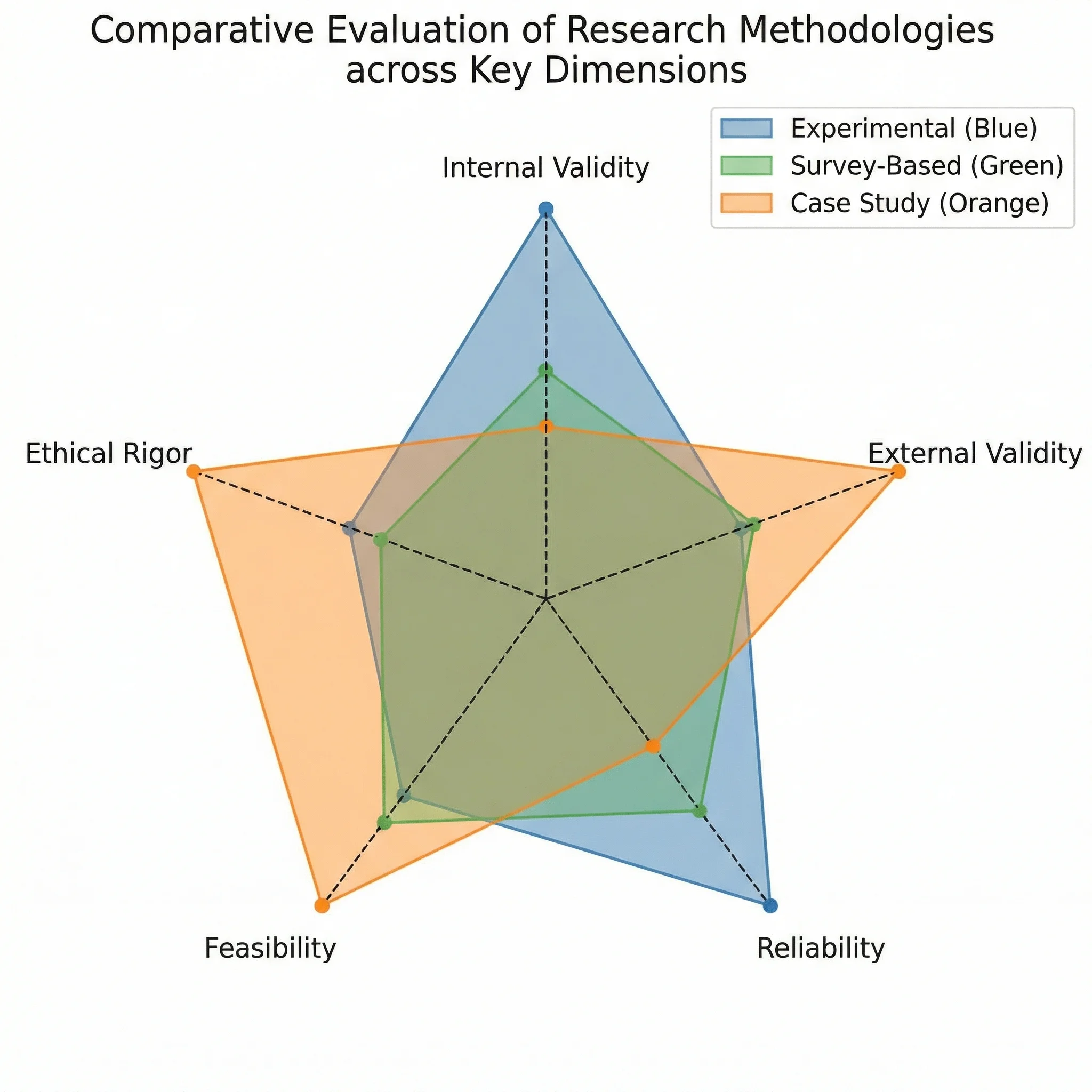 Spider chart evaluating three research methodologies across five quality criteria for academic comparison.