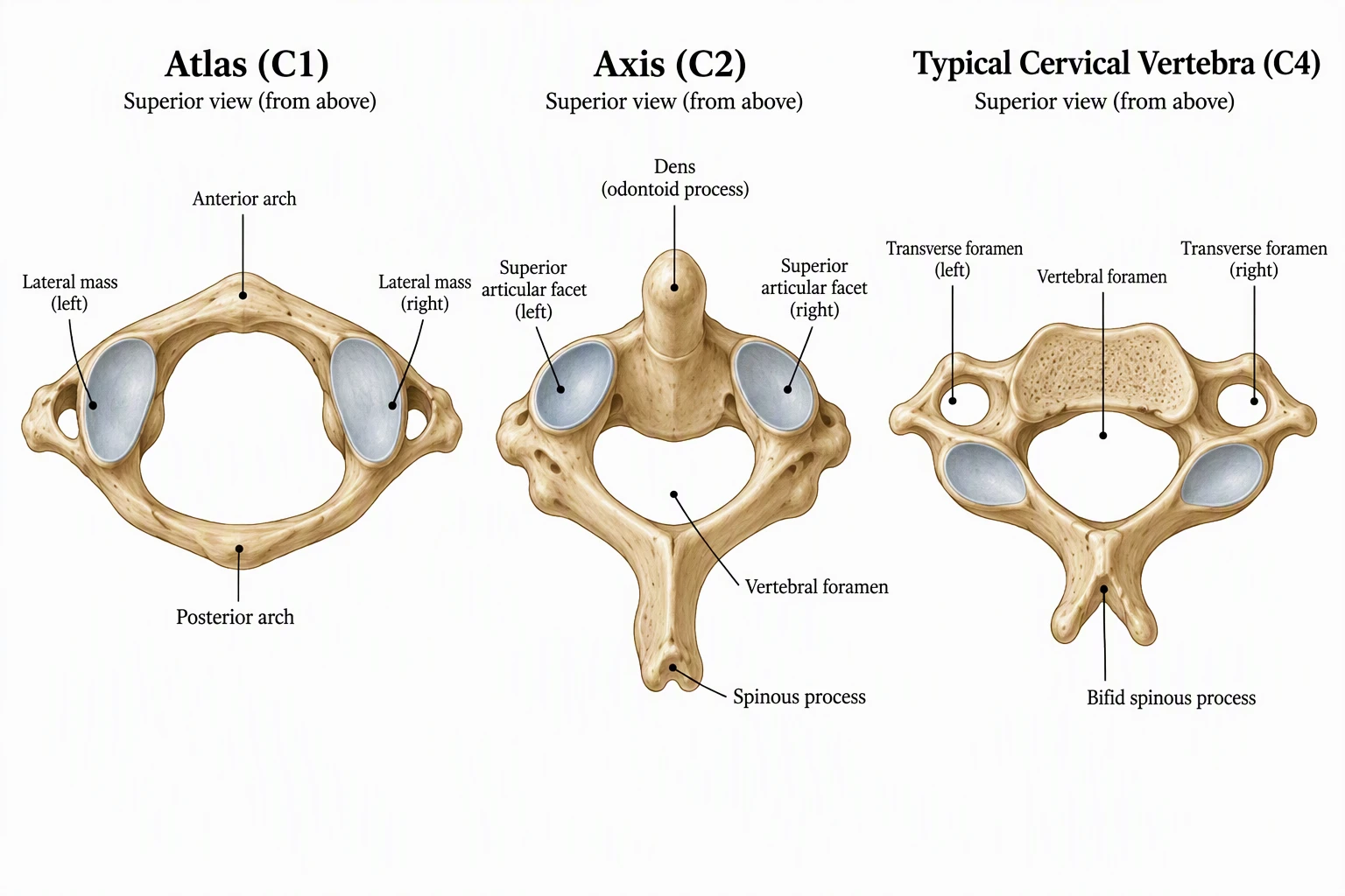 Labeled top view of the atlas C1, the axis C2 with the dens, and a typical C4 cervical vertebra with transverse foramina and a bifid spinous process