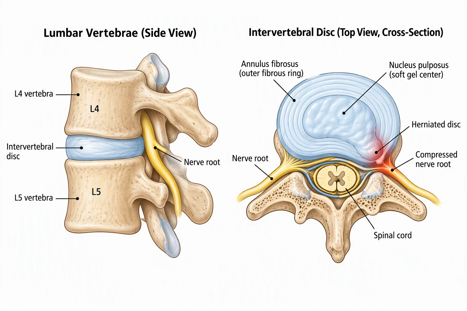 Diagram of two lumbar vertebrae with an intervertebral disc, and a cross-section of a disc showing the annulus fibrosus, nucleus pulposus, a herniated disc, and a compressed nerve root