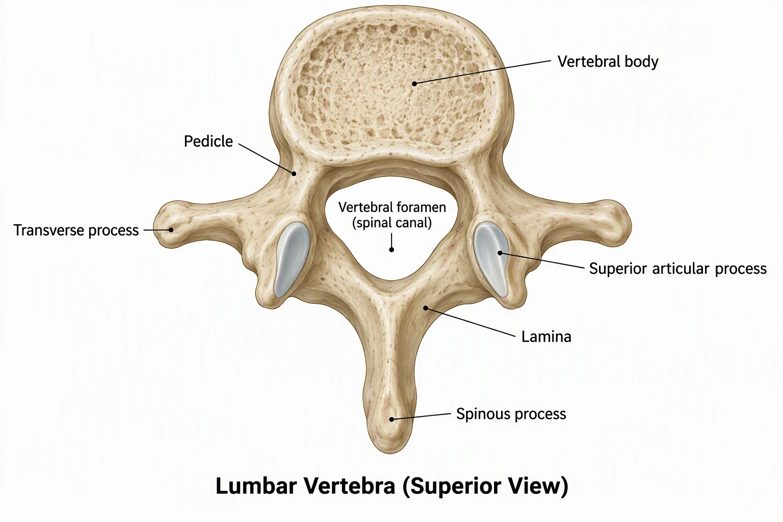 Labeled top view of a lumbar vertebra showing the vertebral body, pedicle, lamina, spinous process, transverse process, superior articular process, and vertebral foramen