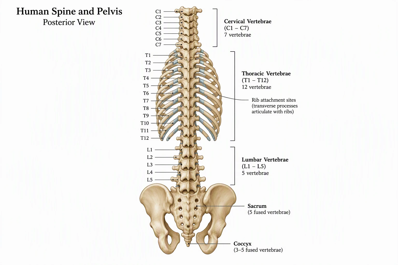 Labeled back view of the human spine and pelvis with cervical C1 to C7, thoracic T1 to T12 with ribs, lumbar L1 to L5, sacrum, and coccyx