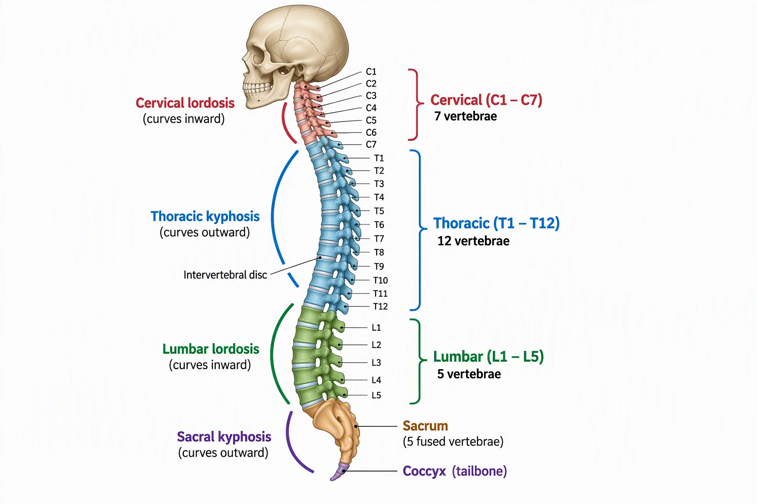 Labeled side view of the human spine with cervical C1 to C7, thoracic T1 to T12, lumbar L1 to L5, sacrum, coccyx, and the four natural curves