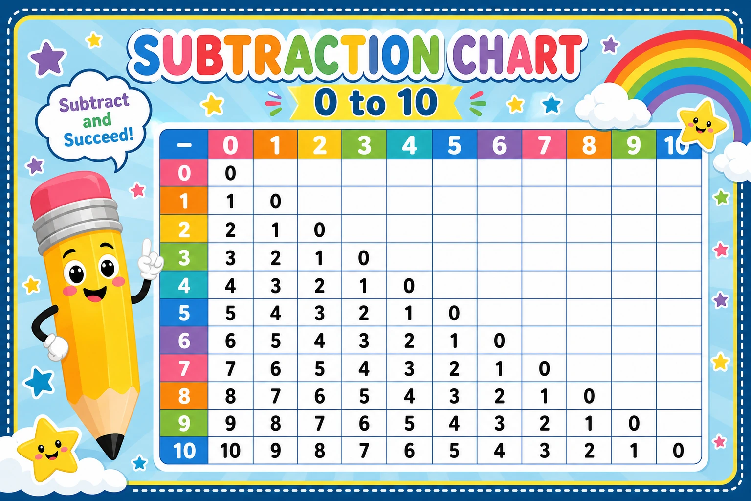 Colorful subtraction chart poster with differences in every cell