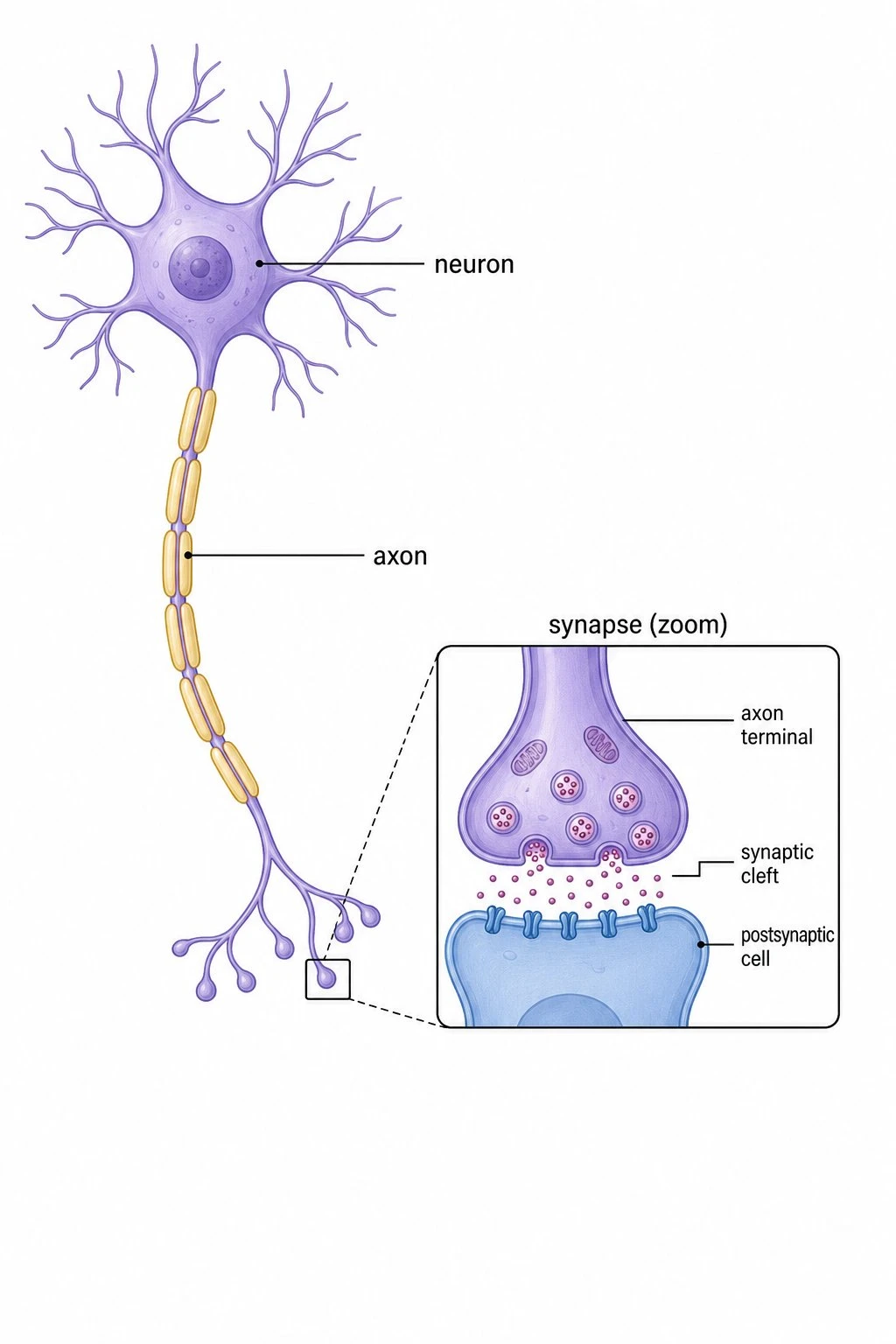 Neuron outline with a zoomed callout of a synapse at an axon terminal connecting to another cell