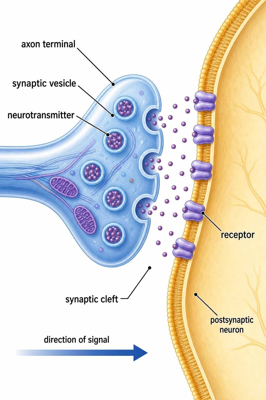Labeled chemical synapse diagram with axon terminal, synaptic vesicles, neurotransmitters, synaptic cleft, and postsynaptic receptors