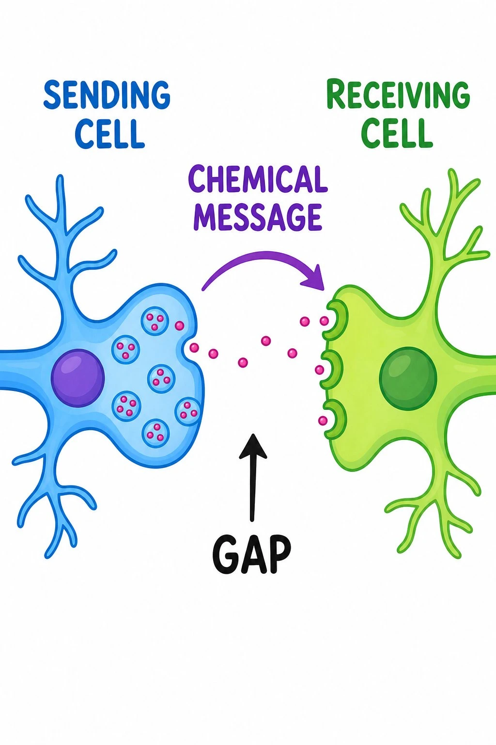 Simple cartoon synapse diagram for middle school showing signal from one neuron to the next